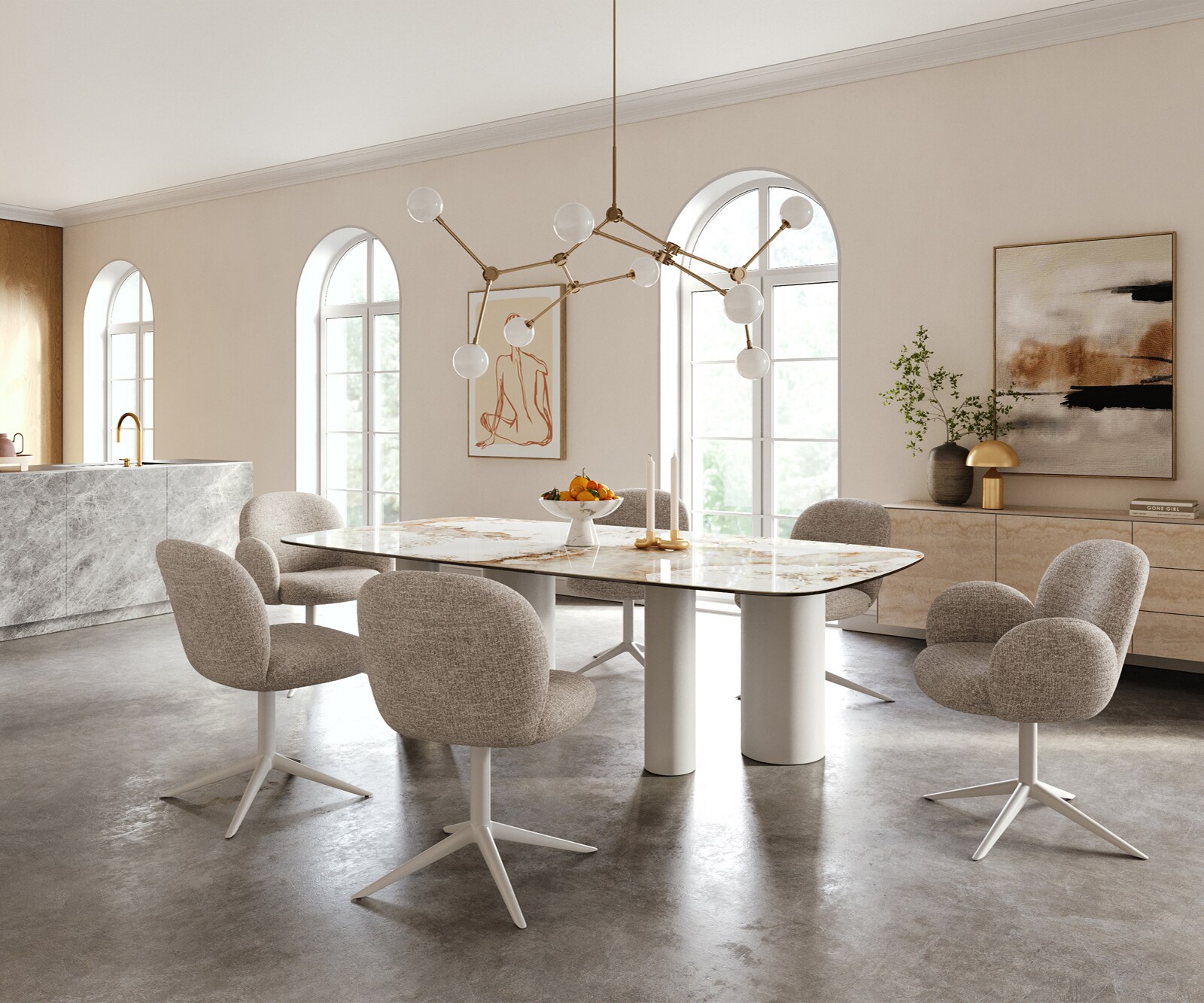 Table à manger Edge Boot 240x120 cm Céramique Minas Melange Blanc-Beige Pilier Métal Blanc 5