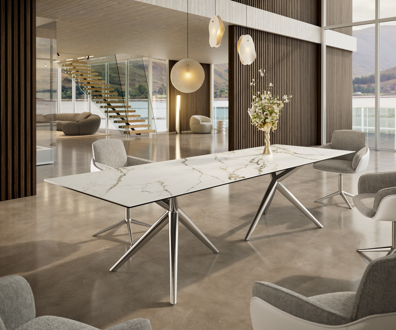 Esstisch Edge 300x100 Keramik Calacatta Luxe Weiß-Gold-Grau Estelar rund Edelstahl 1 Esstisch Edge 300x100 Keramik Calacatta Luxe Weiß-Gold-Grau Estelar rund Edelstahl 1