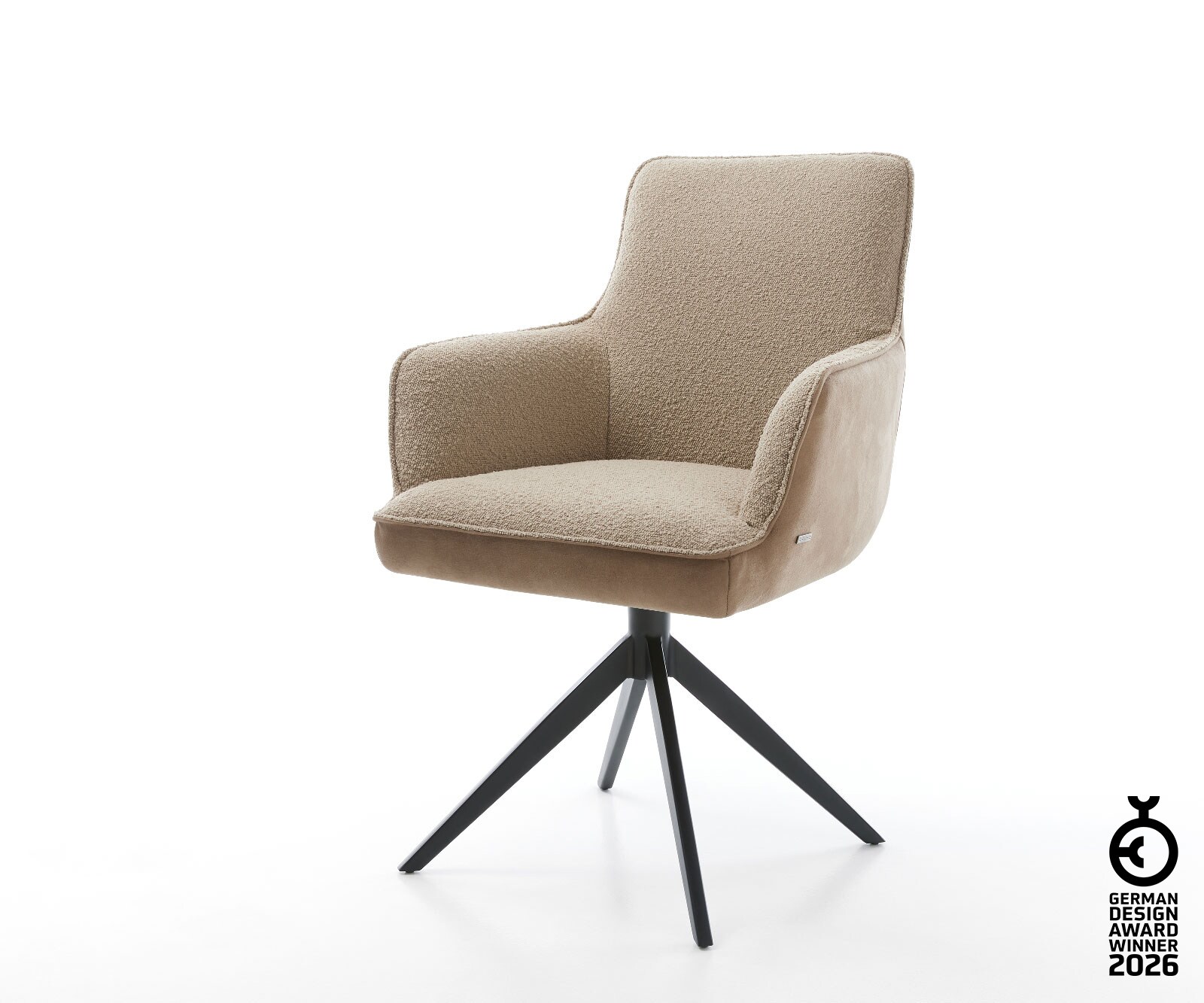 Chaise-pivotante Heira-Flex avec accoudoirs tissu mixte couleur boue pied croisé large noir pivotement sur 360° ressorts ensachés