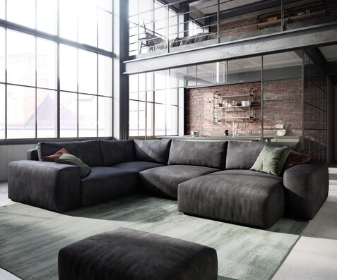 Wohnlandschaft Lanzo 300x210 cm Lederimitat Vintage Anthrazit Recamiere variabel mit Hocker