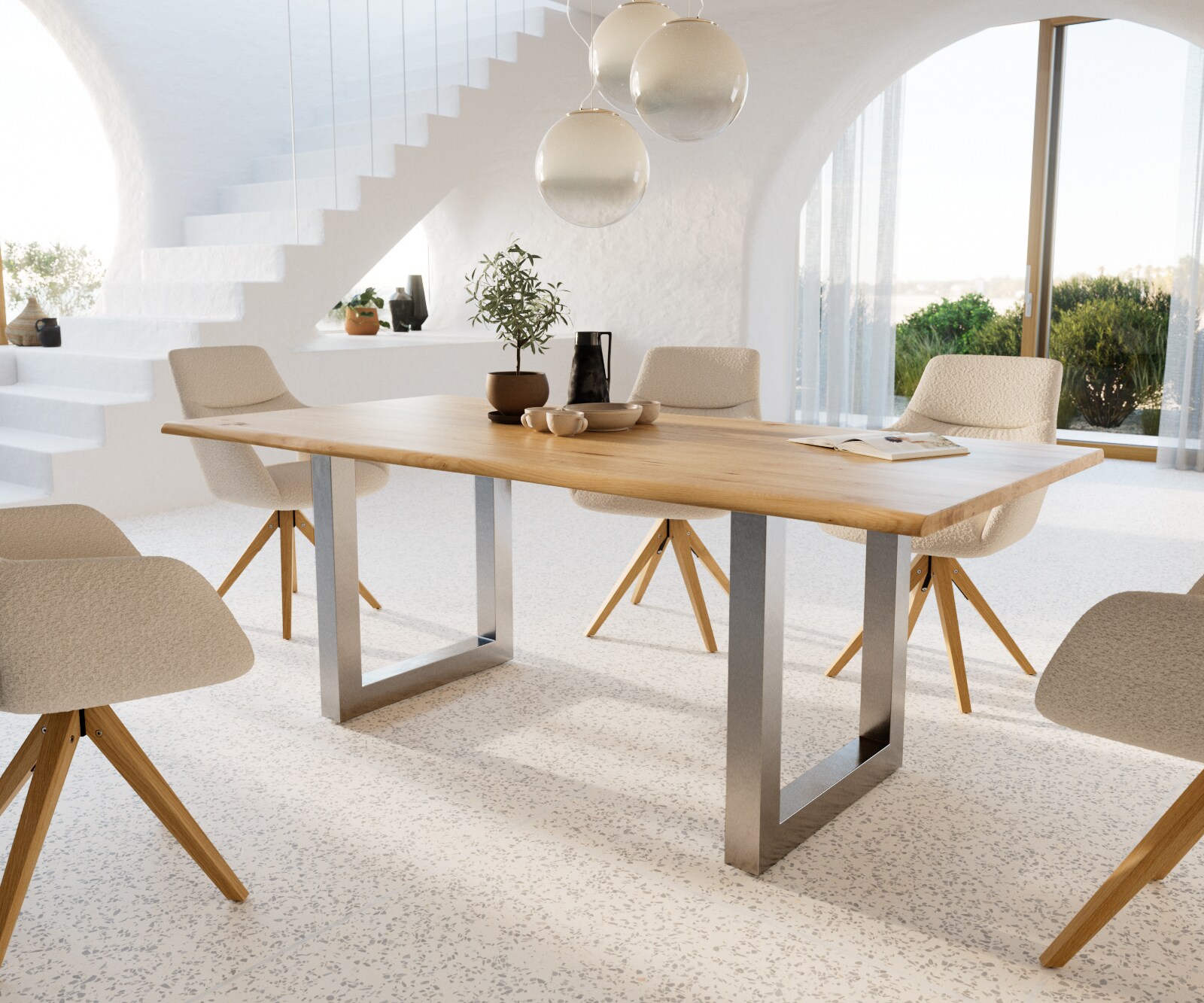 Esstisch Edge 200x100x2,5-3 Eiche Natur Edelstahl breit Live-Edge