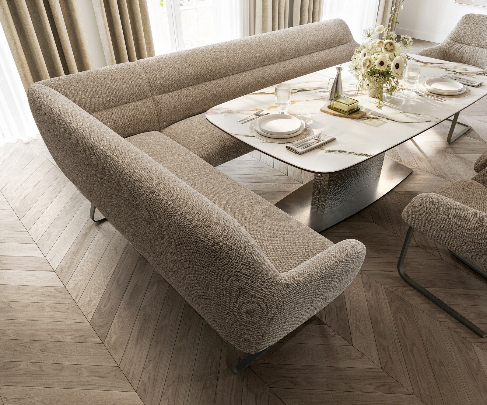 Esszimmerbank Taya-Flex 285x190 cm Bouclé Schlamm Kufengestell flach Effektfinish Titan Taschenfederkern Rechts 3