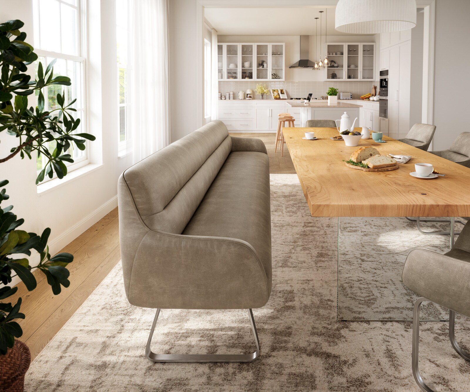 Esszimmerbank Taya-Flex 300 cm Mikrofaser Beige Vintage Kufengestell flach Edelstahl Taschenfederkern 2
