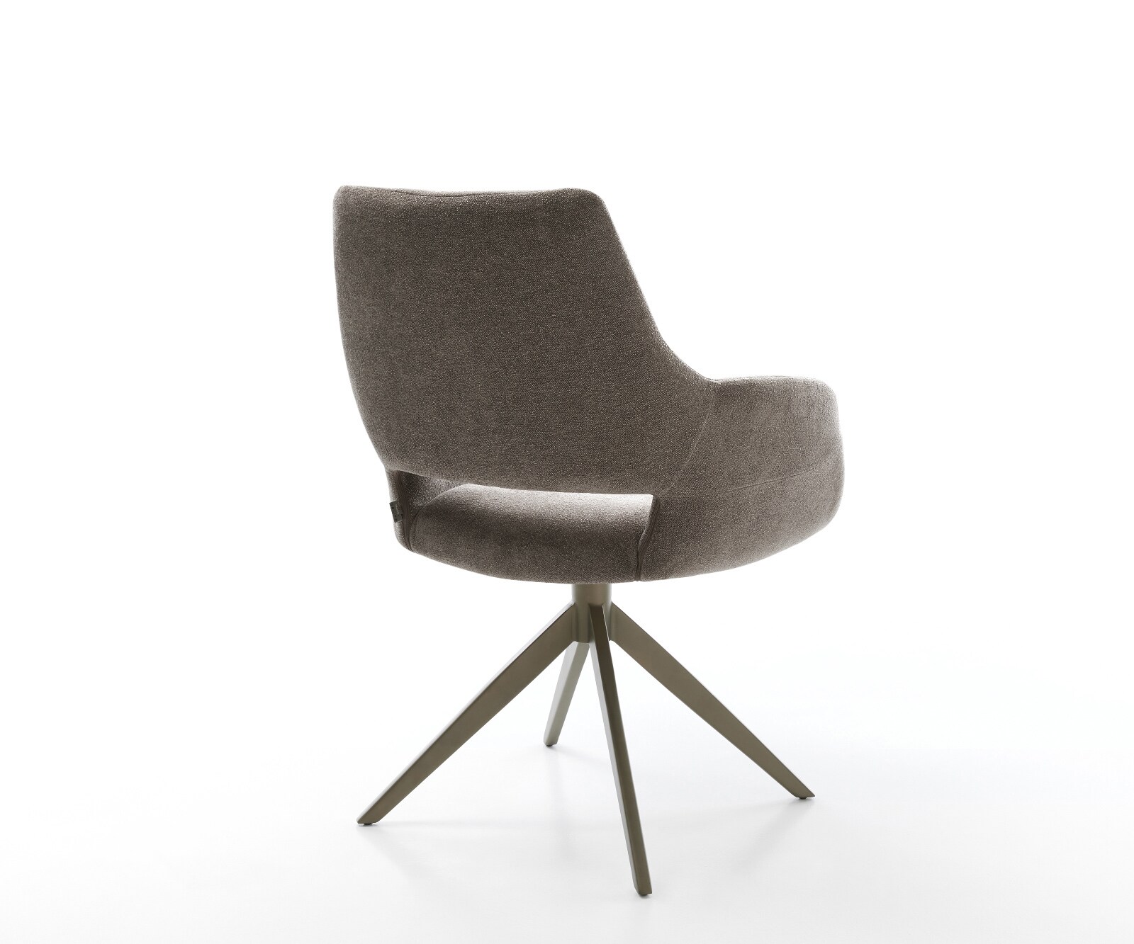 Chaise-pivotante Yago-Flex avec accoudoirs tissu structuré doux taupe pied croisé large aspect titane pivotement sur 360° fonction bascule ressorts ensachés 3