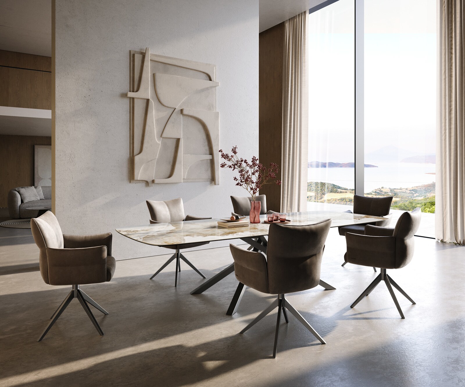 Esstisch Edge Boot 300x120 cm Keramik Minas Melange Weiß-Beige Kreuzgestell Rechteck Edelstahl Graphit 5