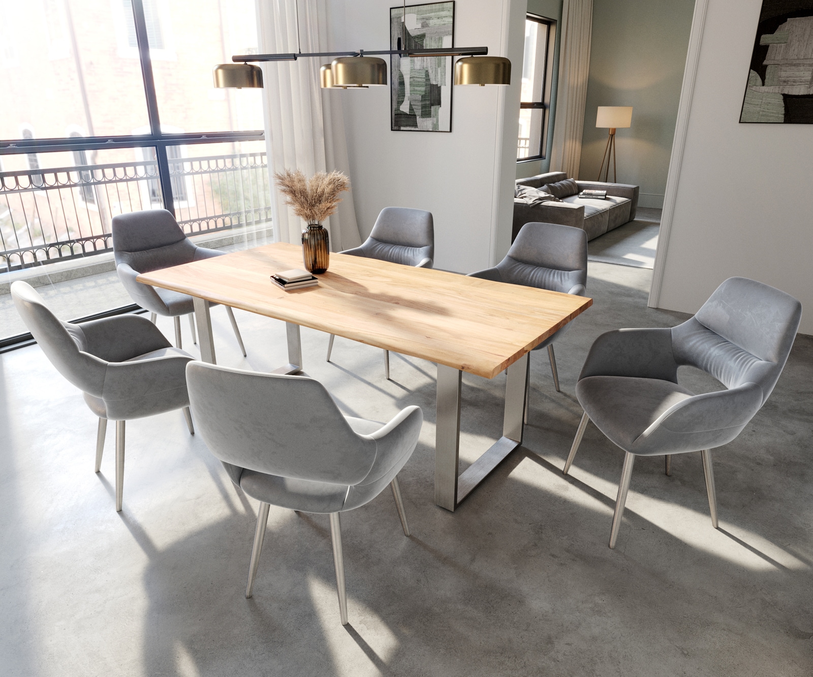 Esszimmerstuhl Yago-Flex mit Armlehnen Samt Grau 4-Fuß konisch Edelstahl Taschenfederkern 3 Esszimmerstuhl Yago-Flex mit Armlehnen Samt Grau 4-Fuß konisch Edelstahl Taschenfederkern 3