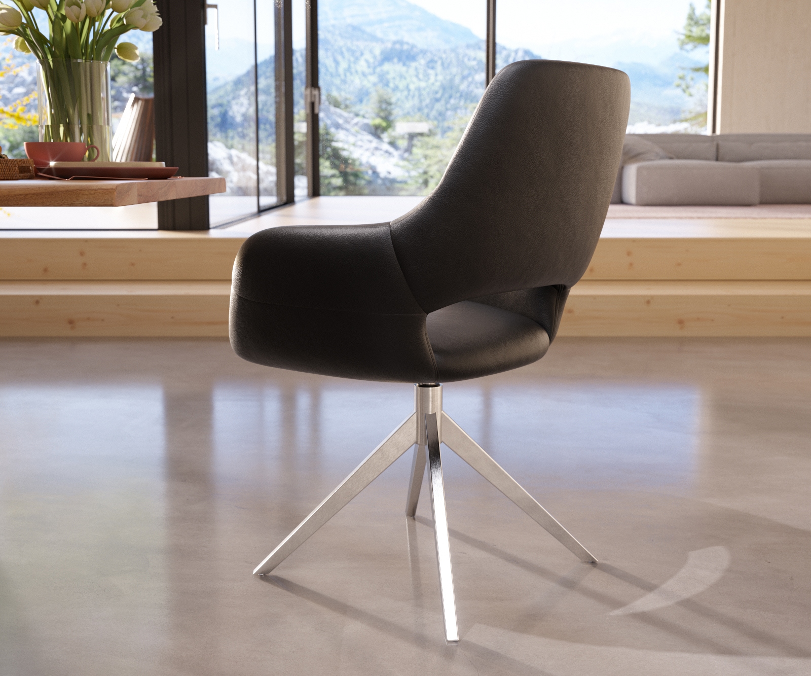 Esszimmerstuhl Yago-Flex mit Armlehnen Echt-Leder Schwarz Kreuzgestell breit Edelstahl Taschenfederkern 4 Esszimmerstuhl Yago-Flex mit Armlehnen Echt-Leder Schwarz Kreuzgestell breit Edelstahl Taschenfederkern 4