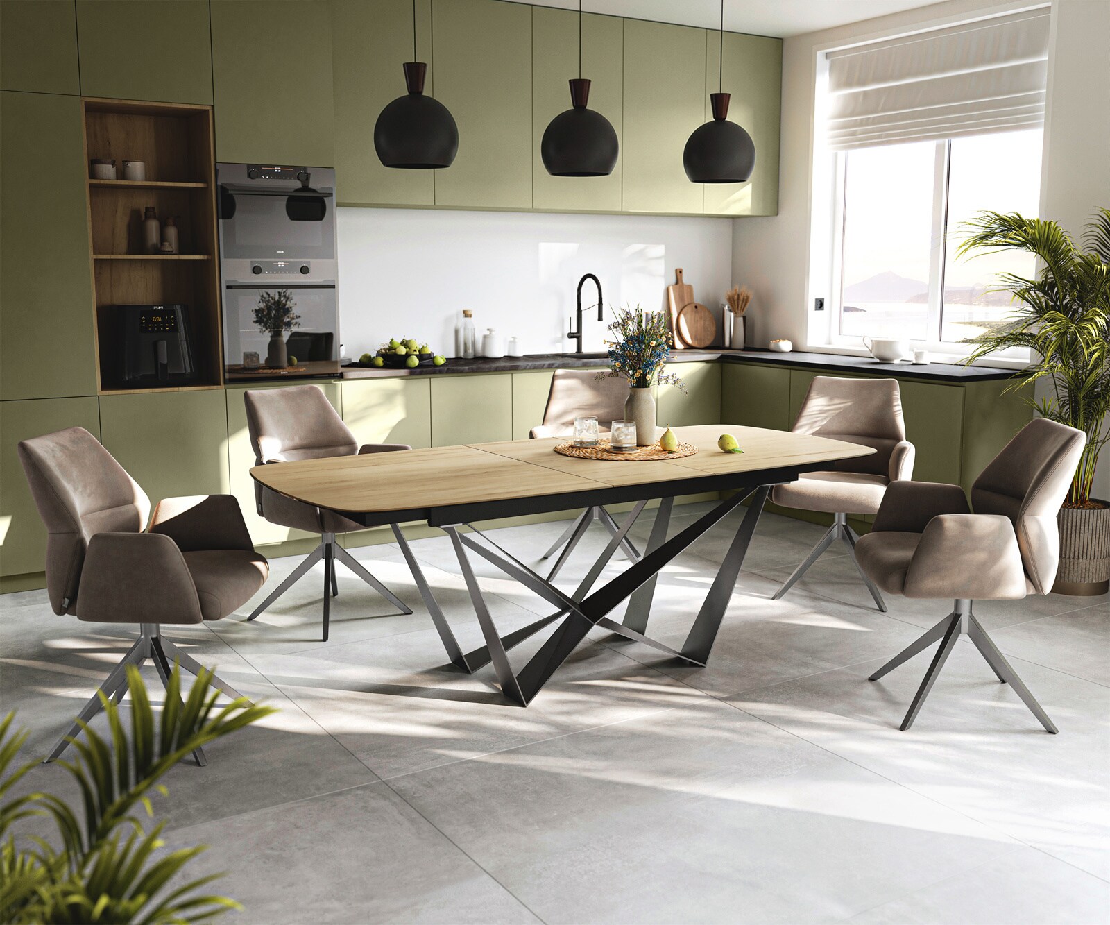Esstisch Edge Boot 180-220x100 cm Keramik Laminam® Sabbia Eichefarbig Spider Flachstahl Edelstahl Graphit ausziehbar 4