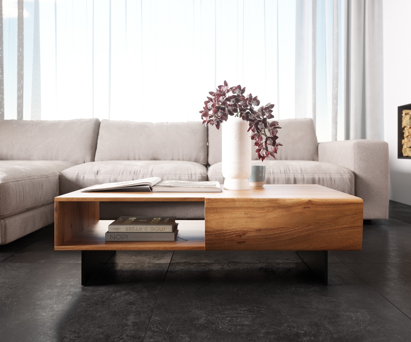 Table-basse New Live-Edge 115x60 cm acacia naturel 2 tiroirs 1 compartiment pied flottant métal noir 1 Table-basse New Live-Edge 115x60 cm acacia naturel 2 tiroirs 1 compartiment pied flottant métal noir 1