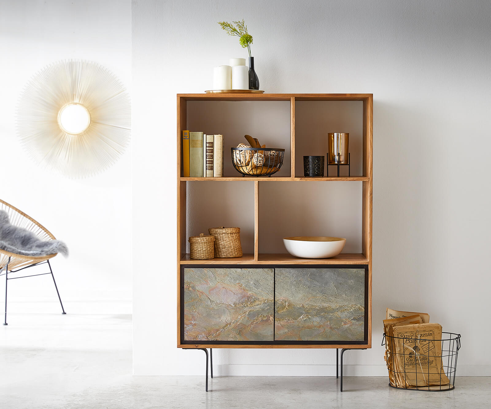 Buffet-haut Juwelo 88x135 cm acacia naturel avec placage de pierre 
