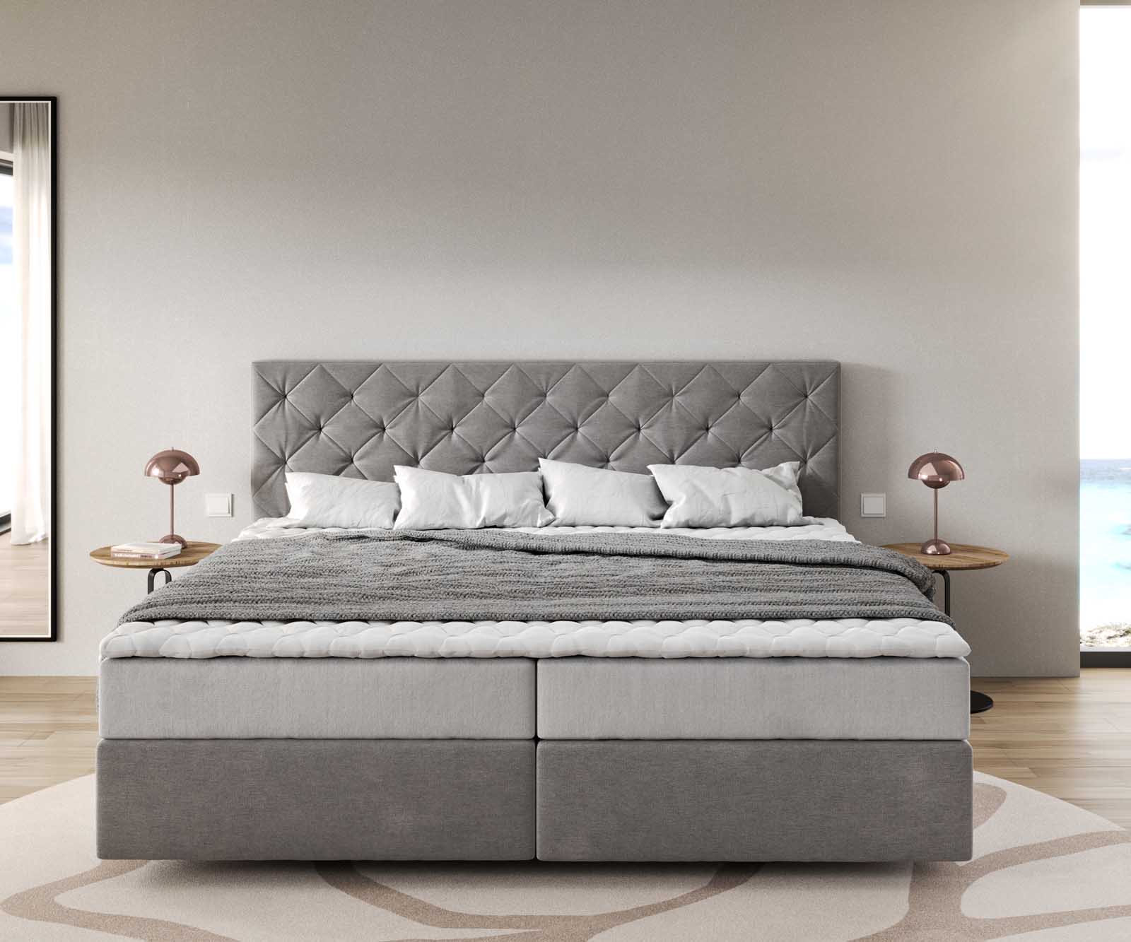 Lit à sommier tapissier Dream-Great microfibre gris 200x200 cm avec matelas à ressorts ensachés et surmatelas en mousse viscoélastique 1