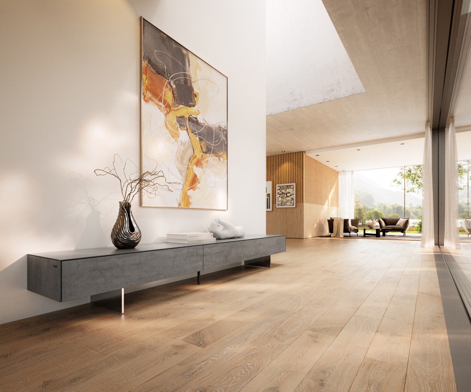 Meuble-TV Cuor 250 cm Céramique Béton gris 1 Clapet 1 Tiroir Pied optique flottant Ancier inoxydable 1