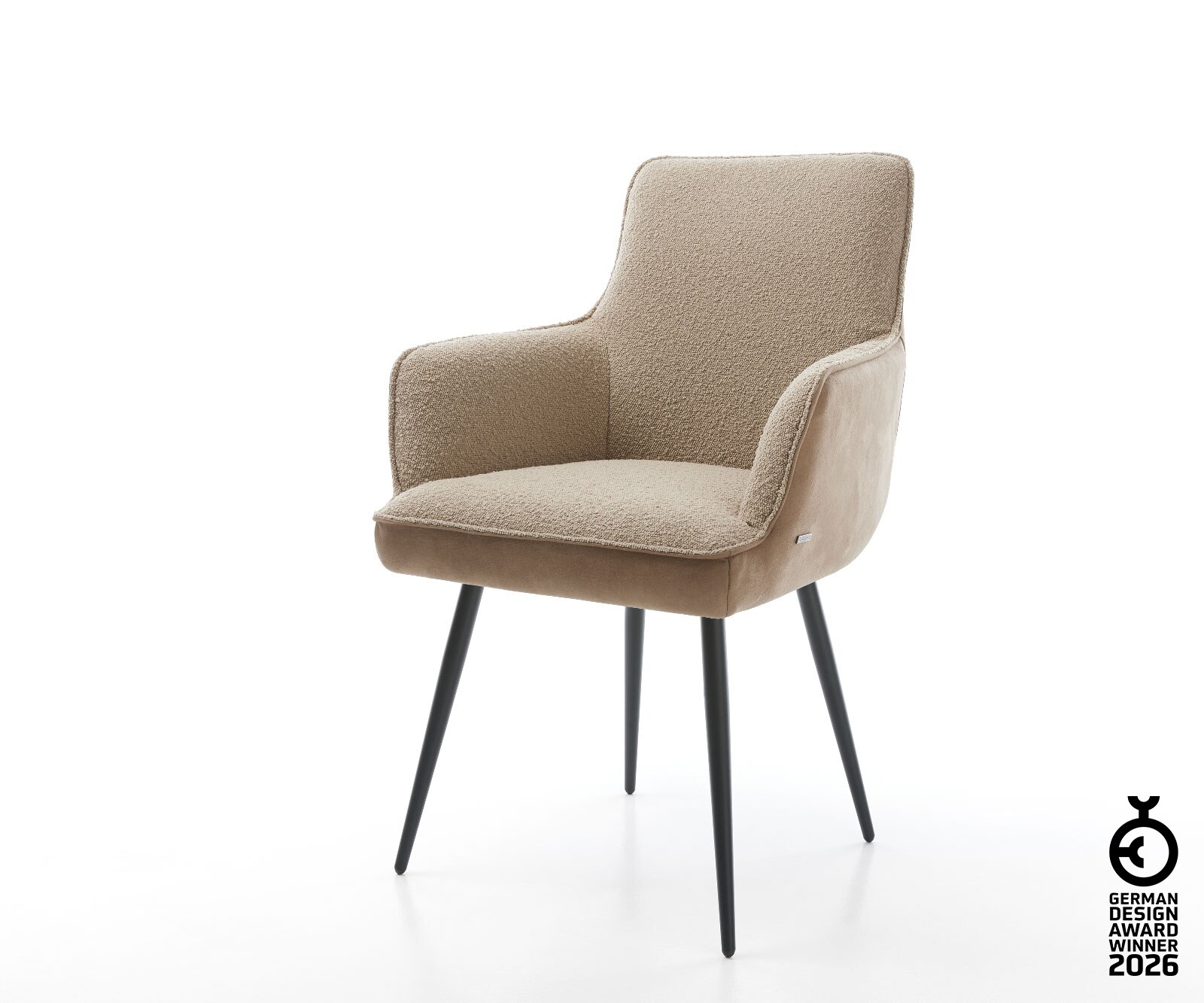 Chaise-de-salle-à-manger Heira-Flex avec accoudoirs tissu mixte couleur boue 4 pieds coniques noir ressorts ensachés