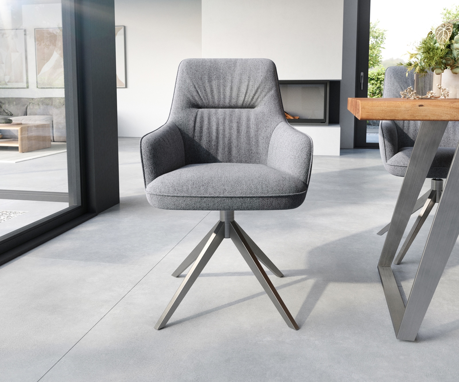 Esszimmerstuhl Zelia-Flex mit Armlehnen Strukturstoff Hellgrau Kreuzgestell breit Edelstahl Taschenfederkern 1 Esszimmerstuhl Zelia-Flex mit Armlehnen Strukturstoff Hellgrau Kreuzgestell breit Edelstahl Taschenfederkern 1