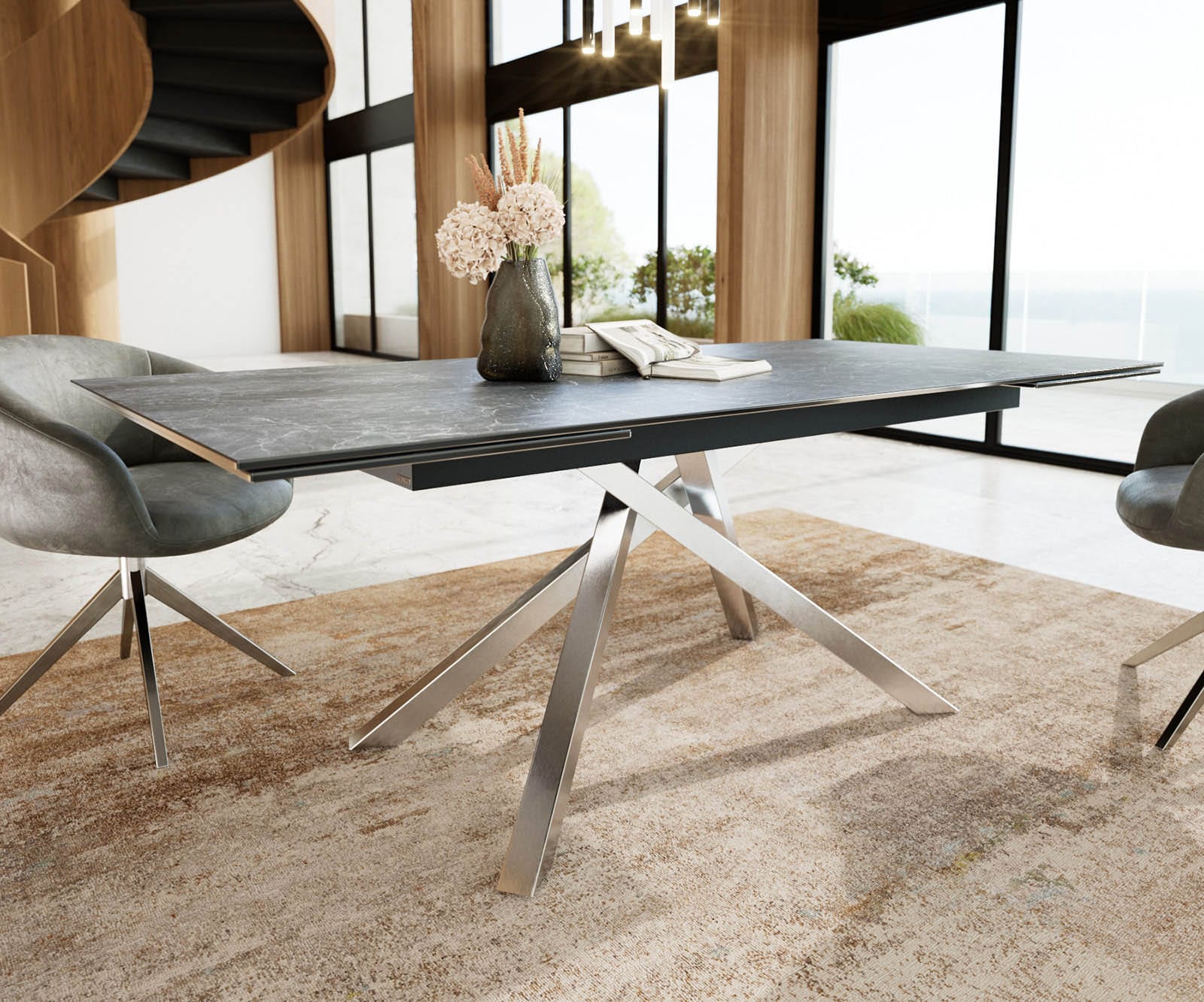 Esstisch Edge 200-300x100 Keramik Laminam®Nero Greco Anthrazit Kreuzgestell Rechteck Edelstahl ausziehbar 5