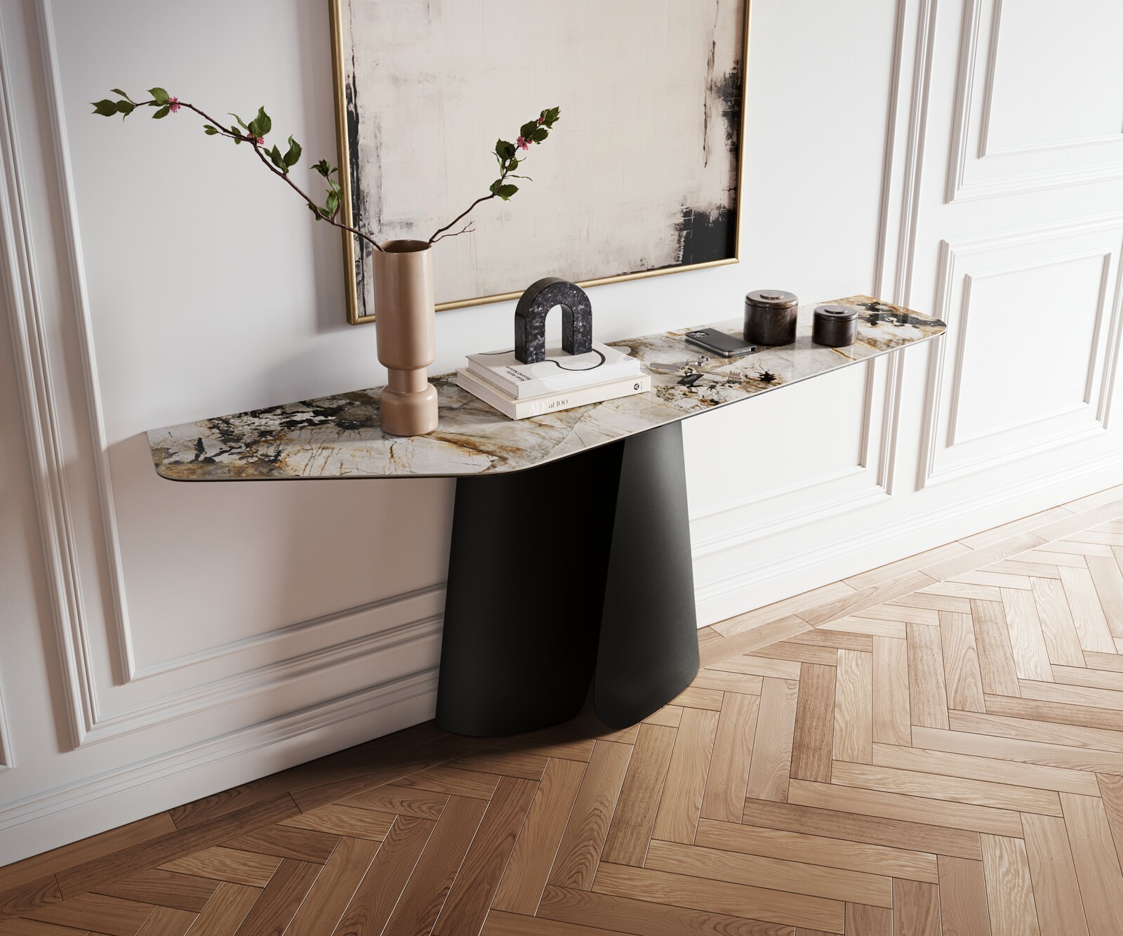 Console Edge Polygonal 180x50 cm Céramique Patagonia Poliert Livos Métal Noir 1