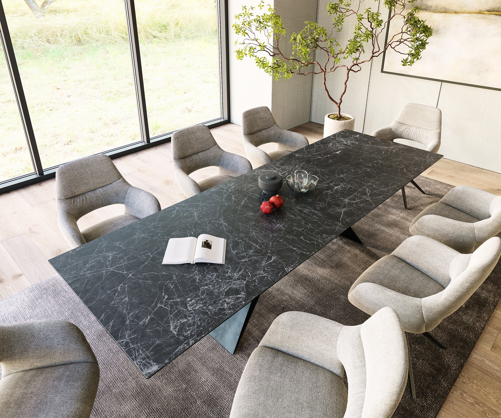 Table-à-manger Edge 300x100cm Laminam® céramique gris V-pieds milieu noir 3