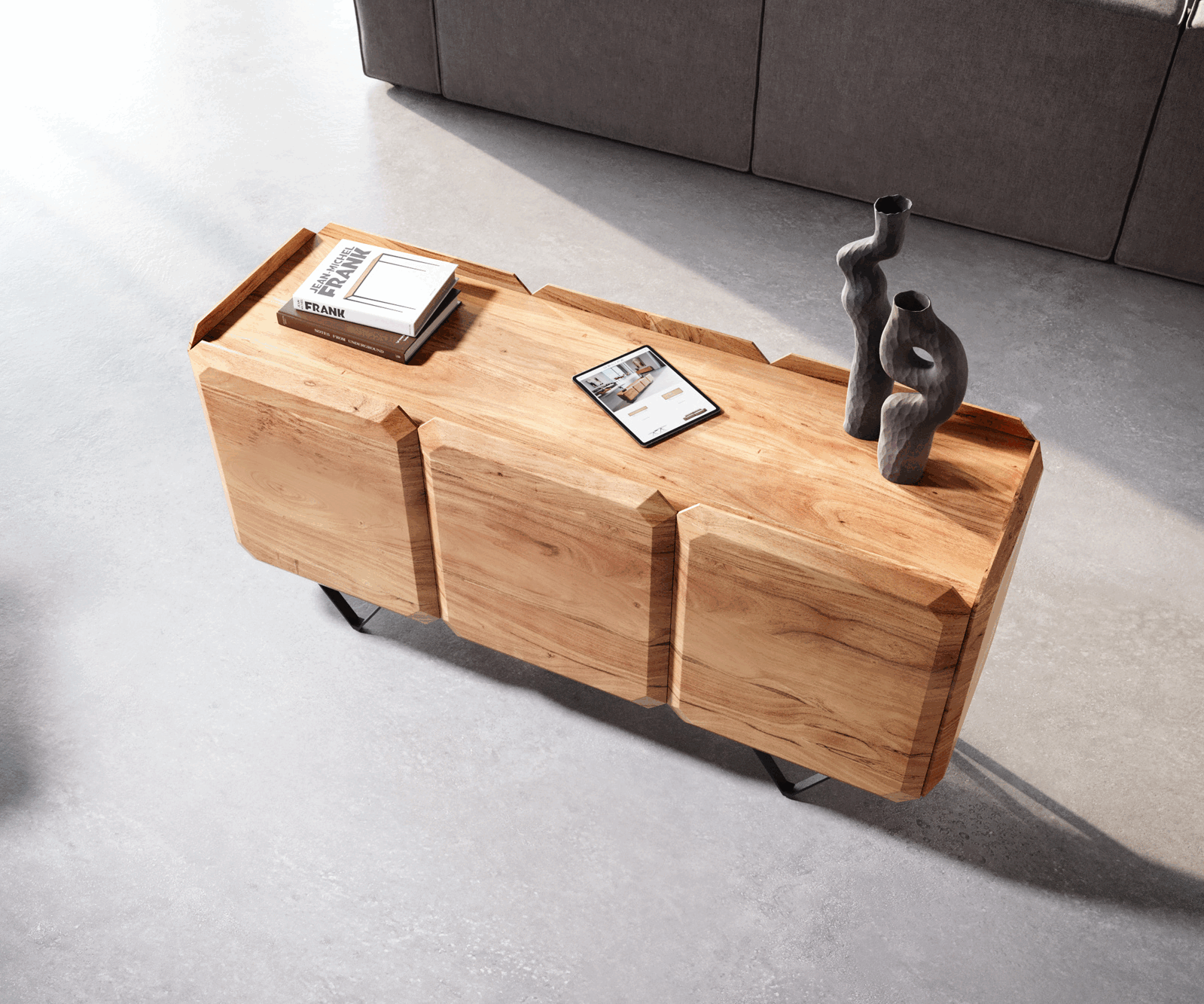 Buffet Kiano 145 cm Acacia Nature 3 Portes Pied en V Noir Séparateur de pièce 4