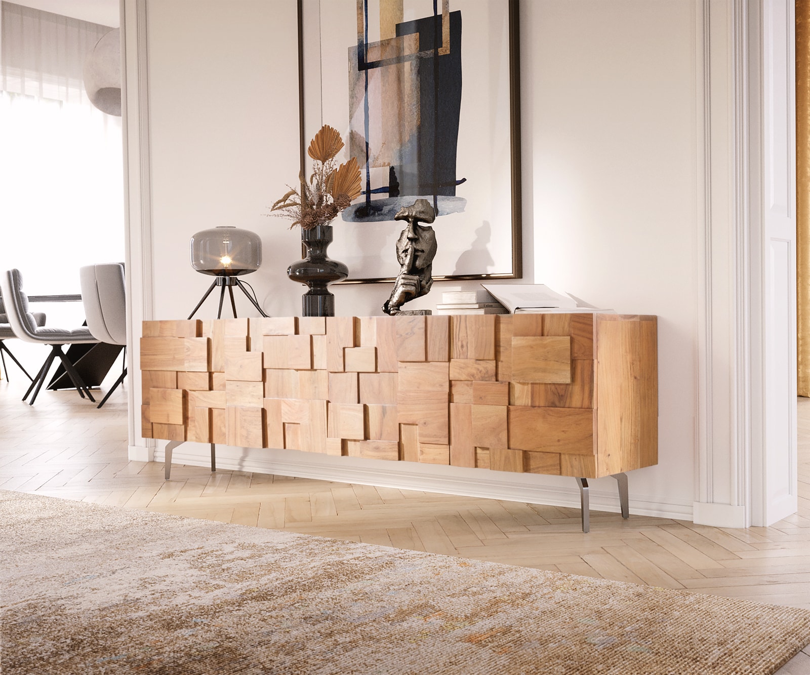 Lowboard Puzzle 175 cm 4 Türen Akazie Natur Winkelfuß Edelstahl Lowboard Puzzle 175 cm 4 Türen Akazie Natur Winkelfuß Edelstahl