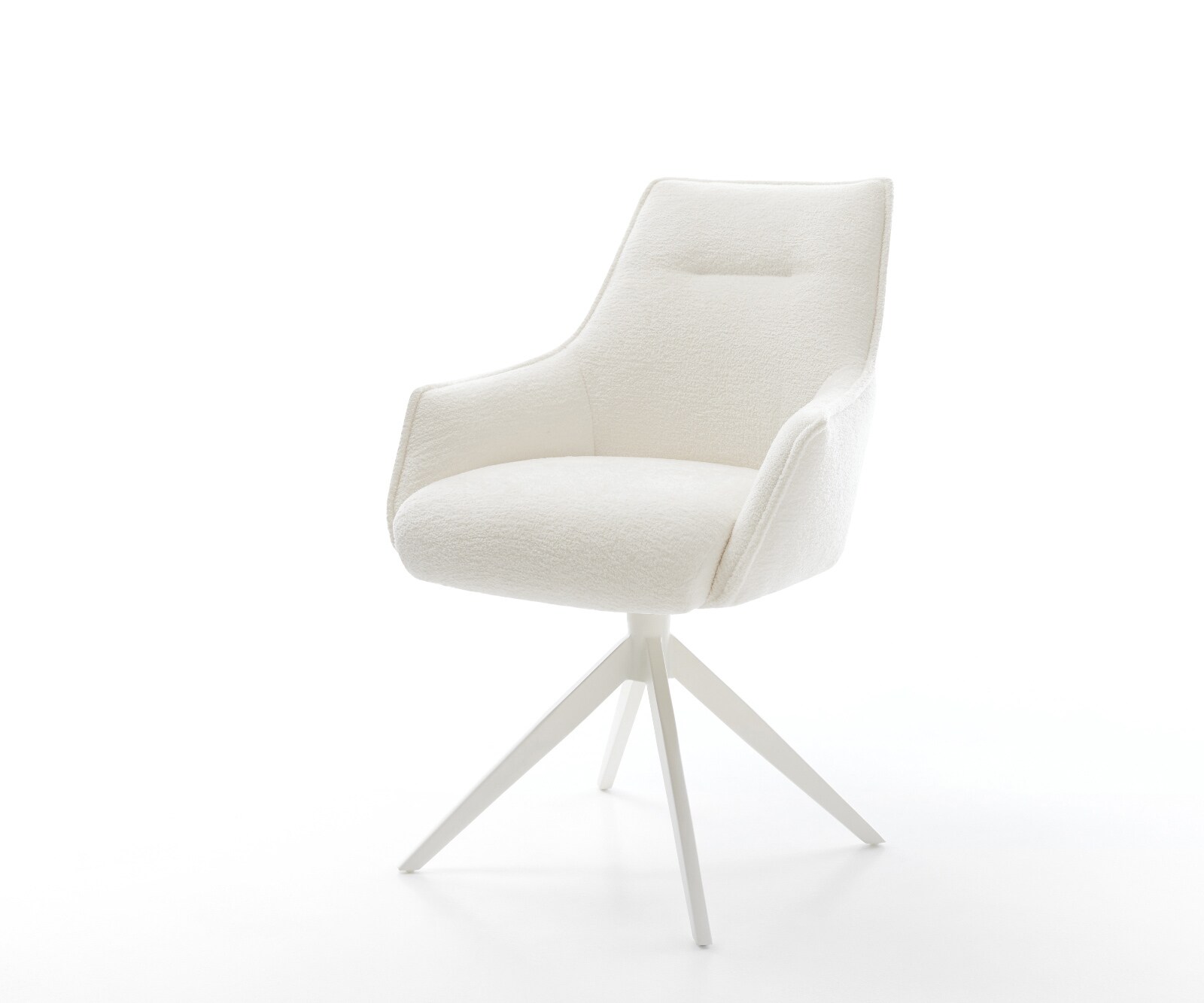 Drehstuhl Alja-Flex mit Armlehnen Bouclé Soft Beige Kreuzgestell breit Weiß 360° drehbar Wippfunktion Taschenfederkern
