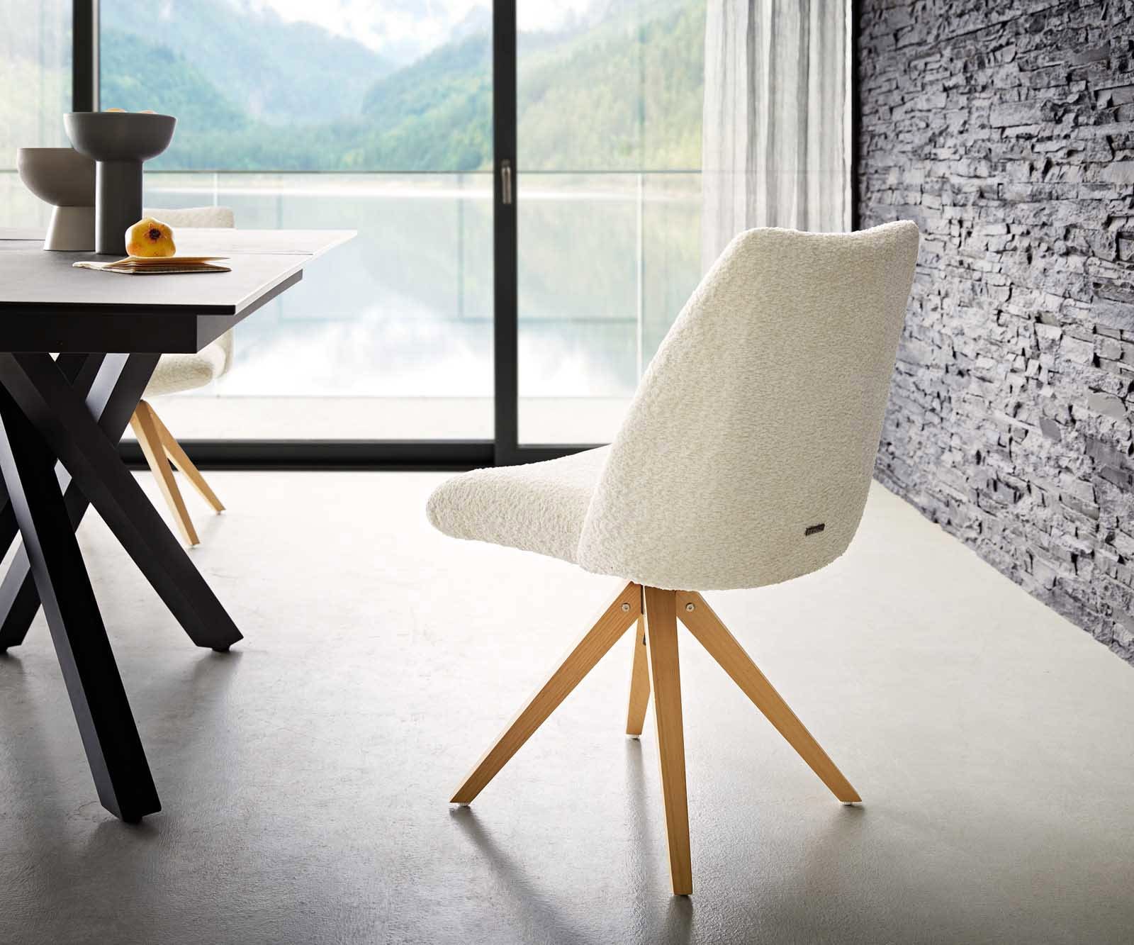 Drehstuhl Elso-Flex Bouclé Weiß Holzgestell kantig Natur 180° drehbar Taschenfederkern 4 Drehstuhl Elso-Flex Bouclé Weiß Holzgestell kantig Natur 180° drehbar Taschenfederkern 4