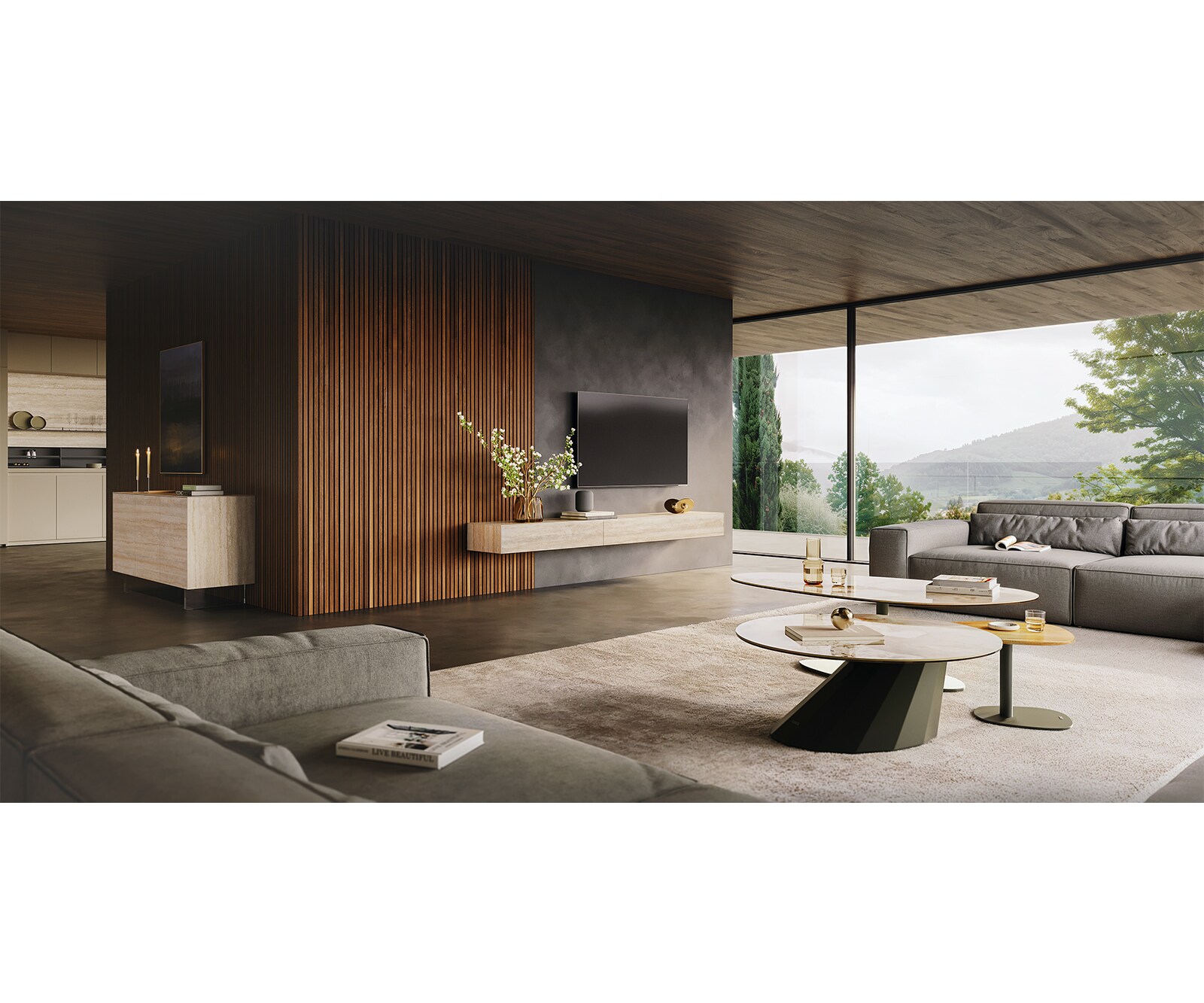Meuble-TV Cuor 250 cm Céramique Laminam® Travertino Bianco Crème-blanc 1 Clapet 1 Tiroir Pied optique flottant Métal Noir 7