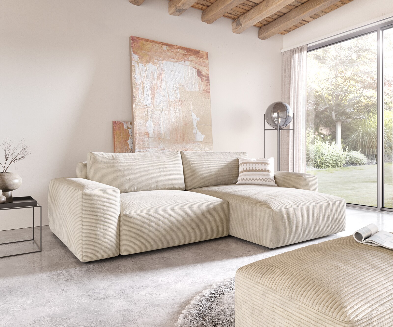 Canapé d'angle Lanzo XL 270x180 cm Velours côtelé Beige Recamière variable avec Tabouret