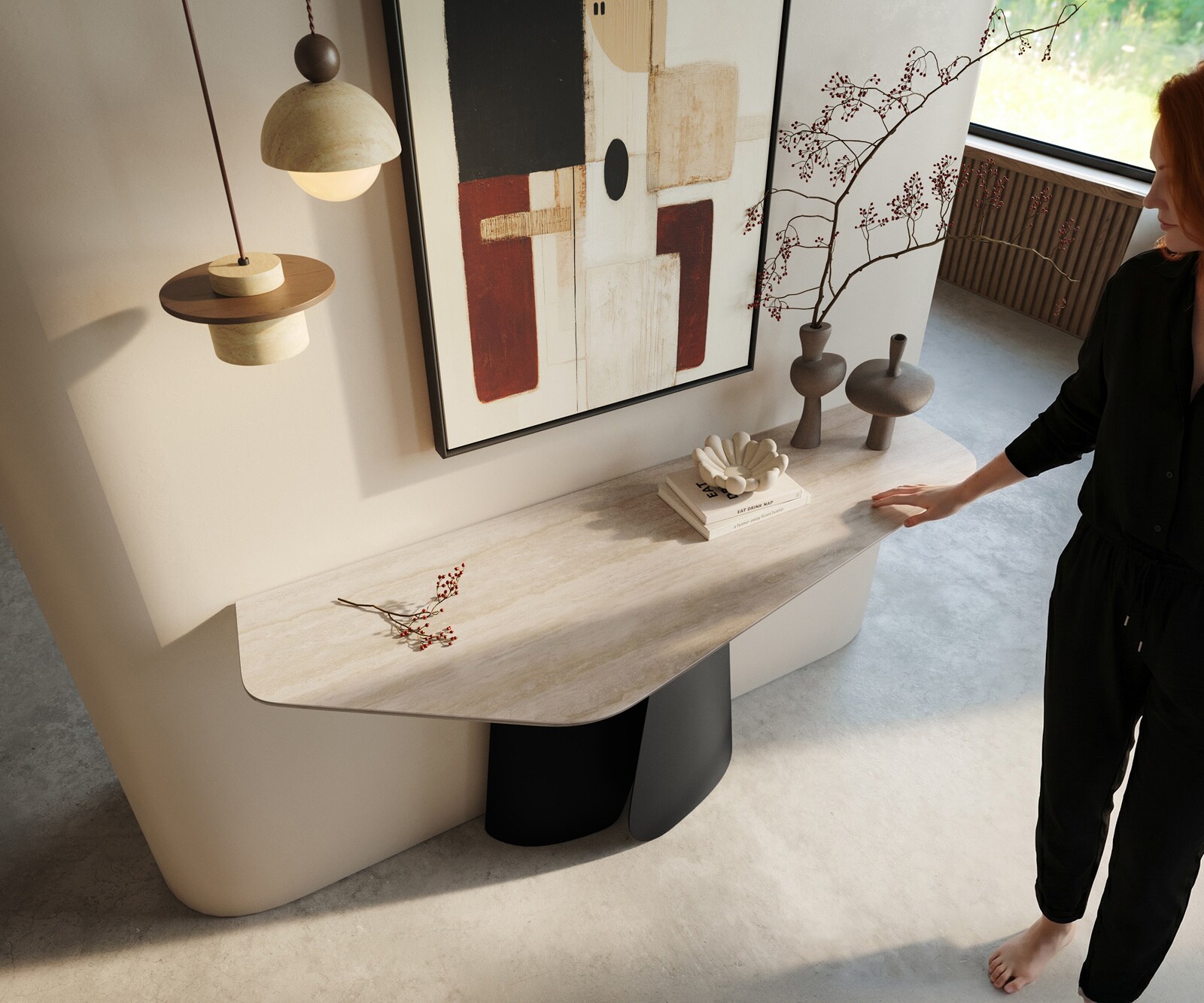 Console Edge Polygonal 140x50 cm Céramique Laminam® Travertino Bianco Creme-Weiß Livos Métal Noir 2