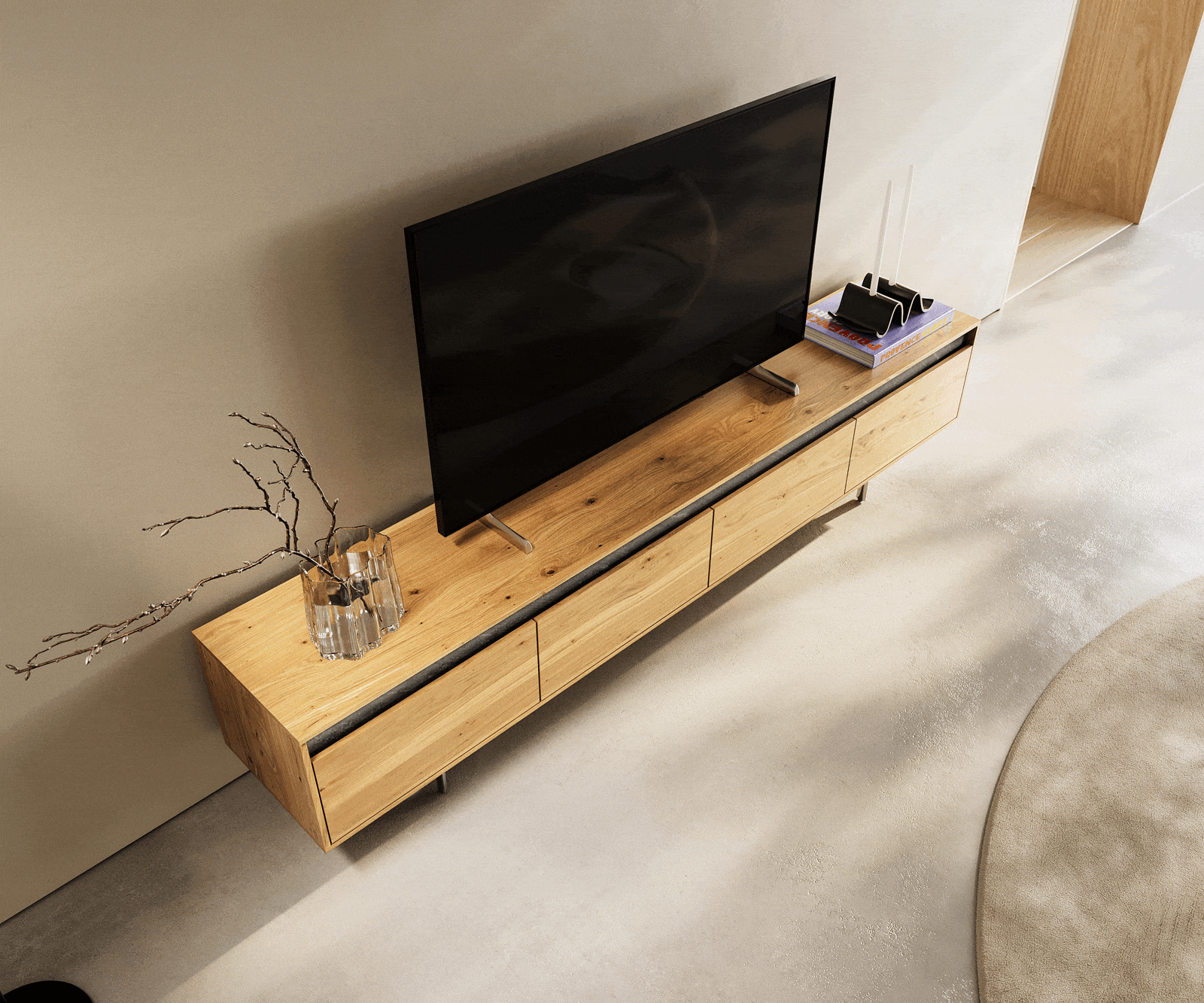 Designer-meuble-TV Stonegrace 200 cm Chêne Naturel Ardoise 4 tiroirs Pied Ovale Acier inoxydable 3