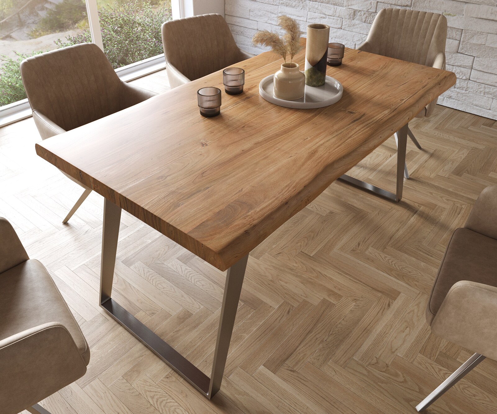 Esstisch Edge 160x90 XL Akazie Natur Edelstahl Schräg Live-Edge 3