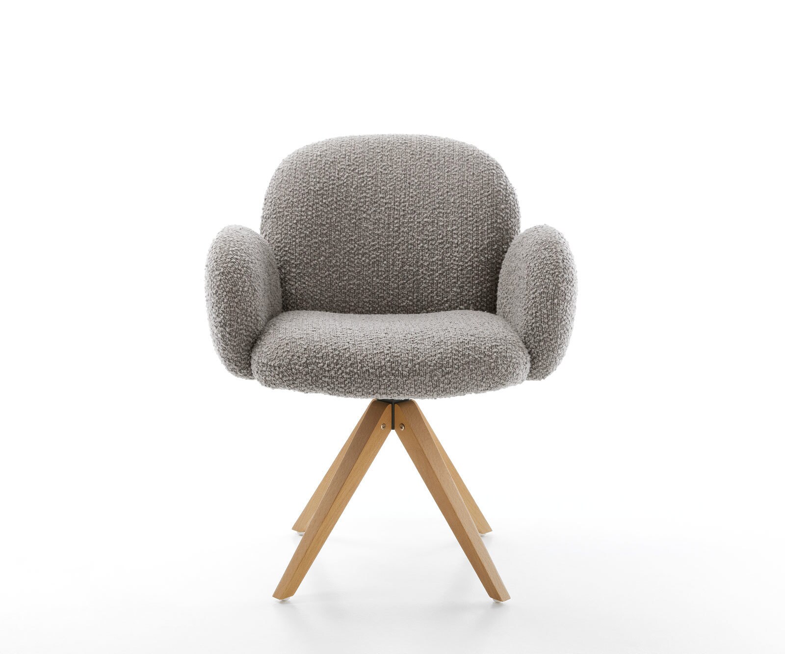 Chaise-pivotante Nube-Flex avec accoudoirs bouclé gris argenté pied en bois angulaire naturel pivotement sur 180° ressorts ensachés 1