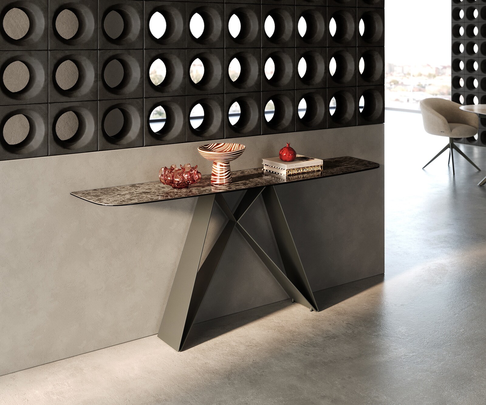 Console Edge forme bateau 180x40 cm Céramique Emperador Extra Lucidato Dunkelbraun Velio Métal Effektfinish Titan 3