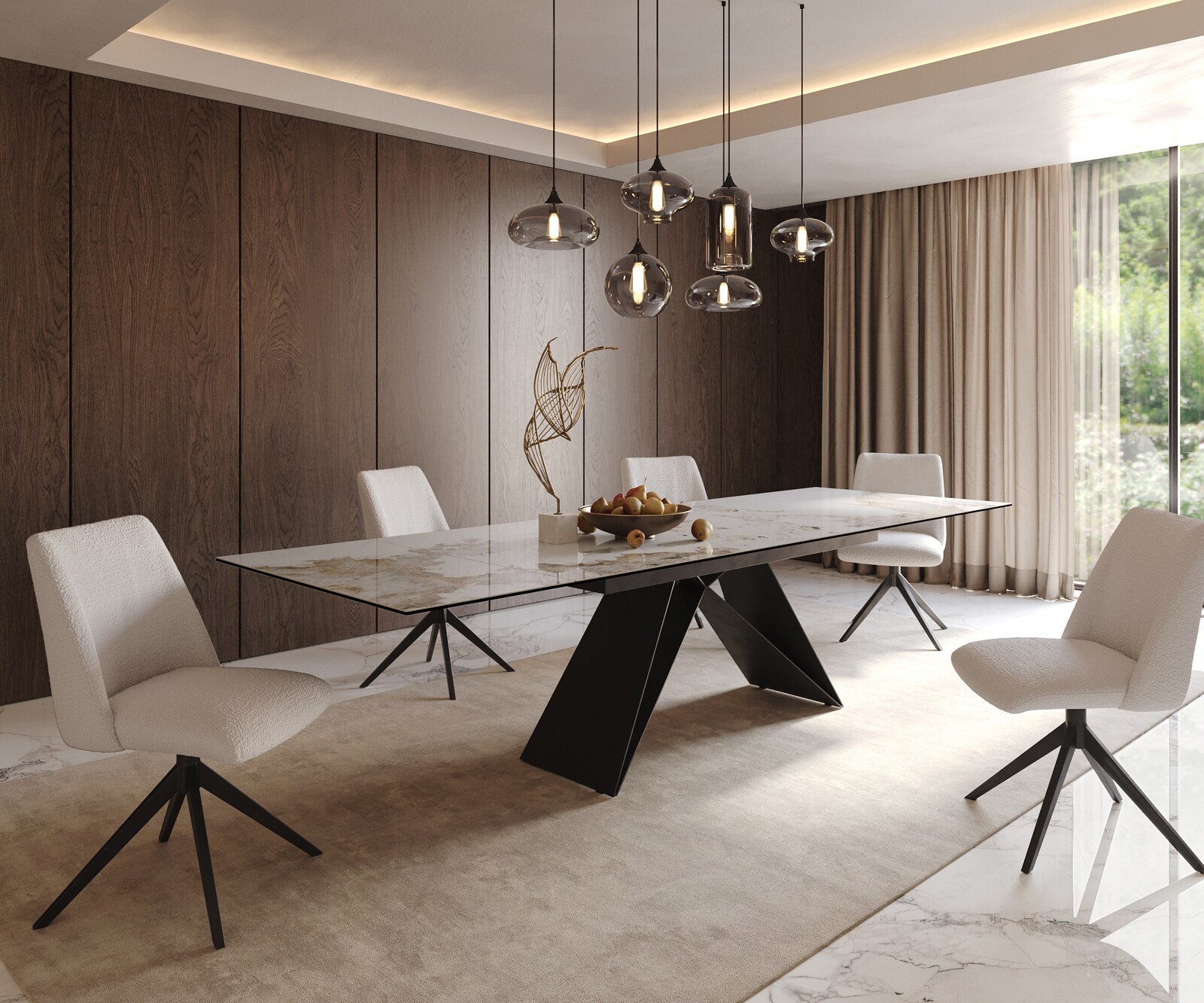 Table à manger Edge 200-300x100 céramique Minas mélange blanc-beige cadre en V acier plat noir extensible 8