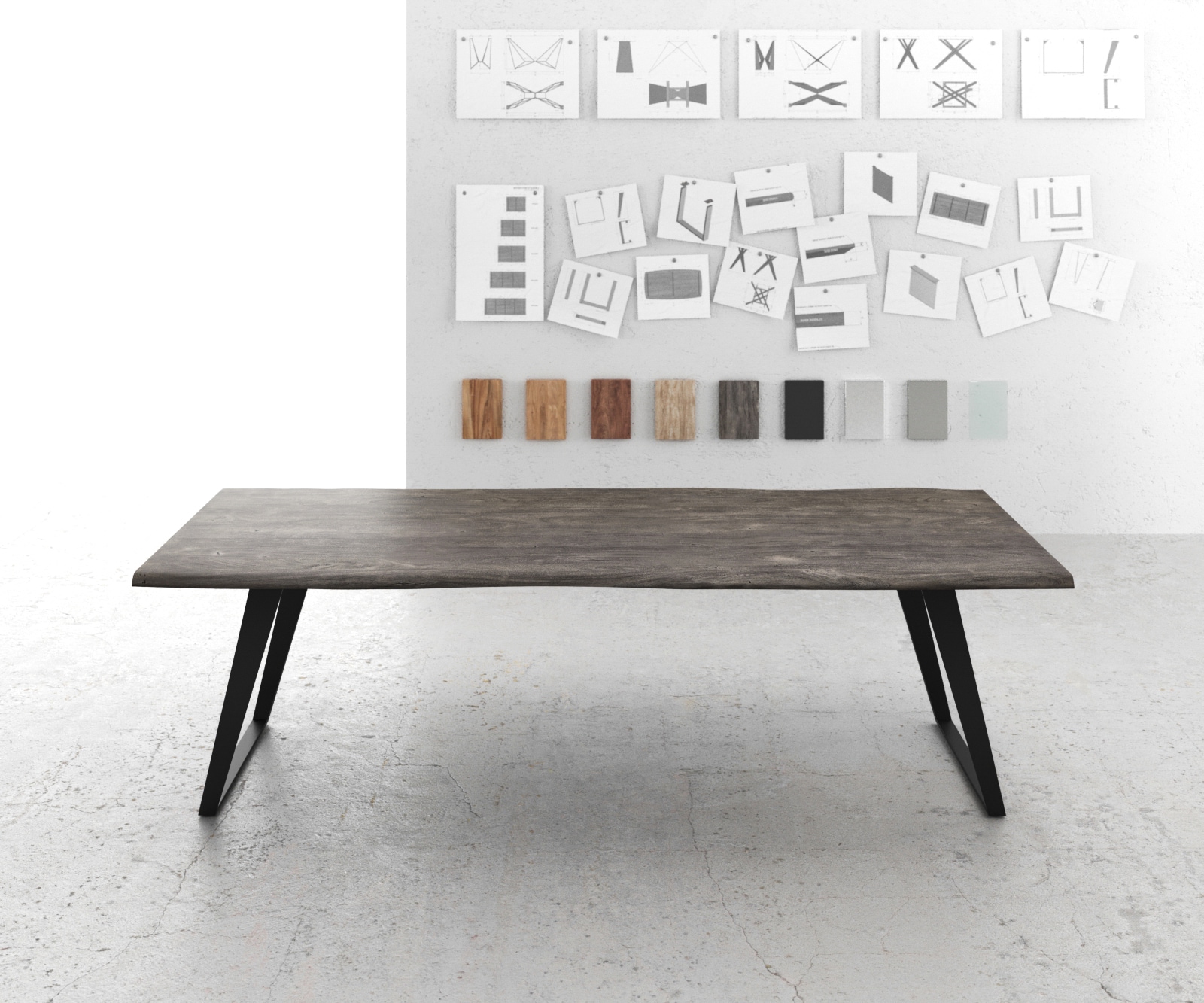 Esstisch Edge 260x100 Akazie Platin Metall Schräg Live-Edge 1 Esstisch Edge 260x100 Akazie Platin Metall Schräg Live-Edge 1