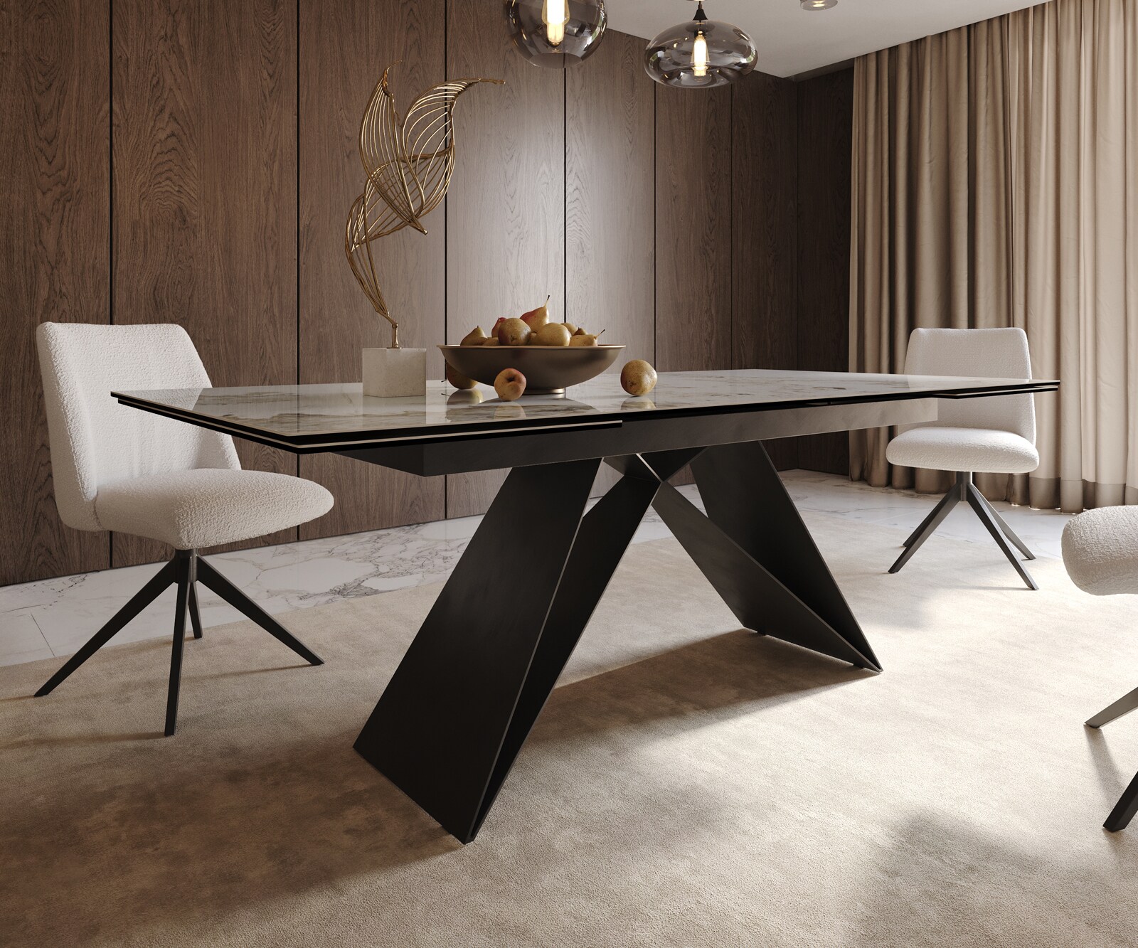 Table à manger Edge 200-300x100 céramique Minas mélange blanc-beige cadre en V acier plat noir extensible 7