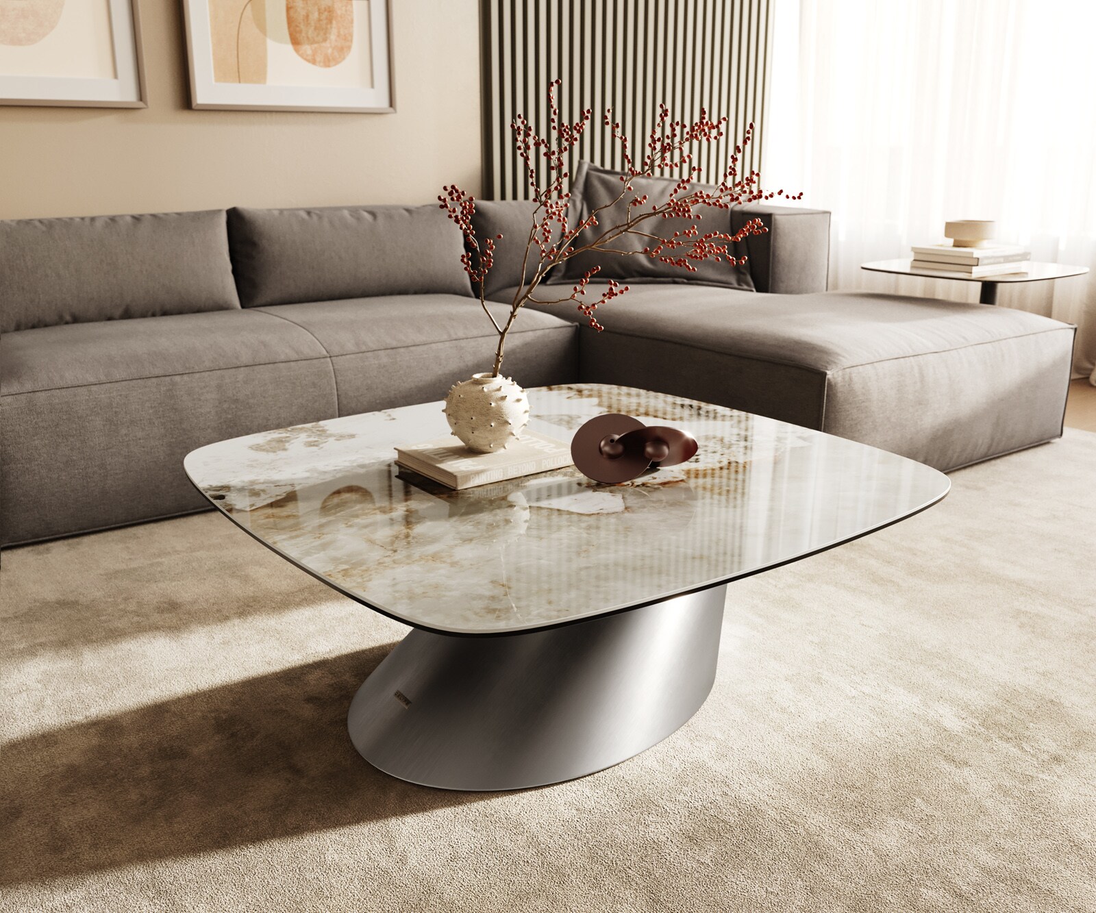 Couchtisch Edge Boot 90x90 cm Keramik Minas Melange Conis Edelstahl gebürstet 1