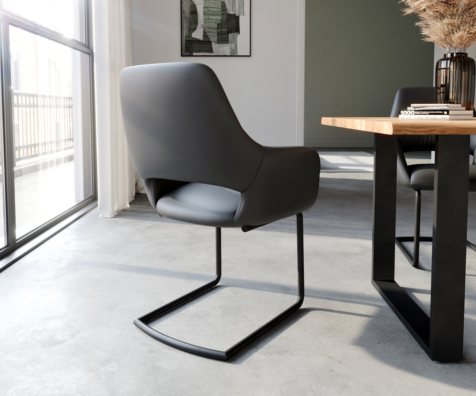 Cantilever Yago-Flex avec accoudoirs cuir de vache noir pied cantilever rond noir ressorts ensachés 4