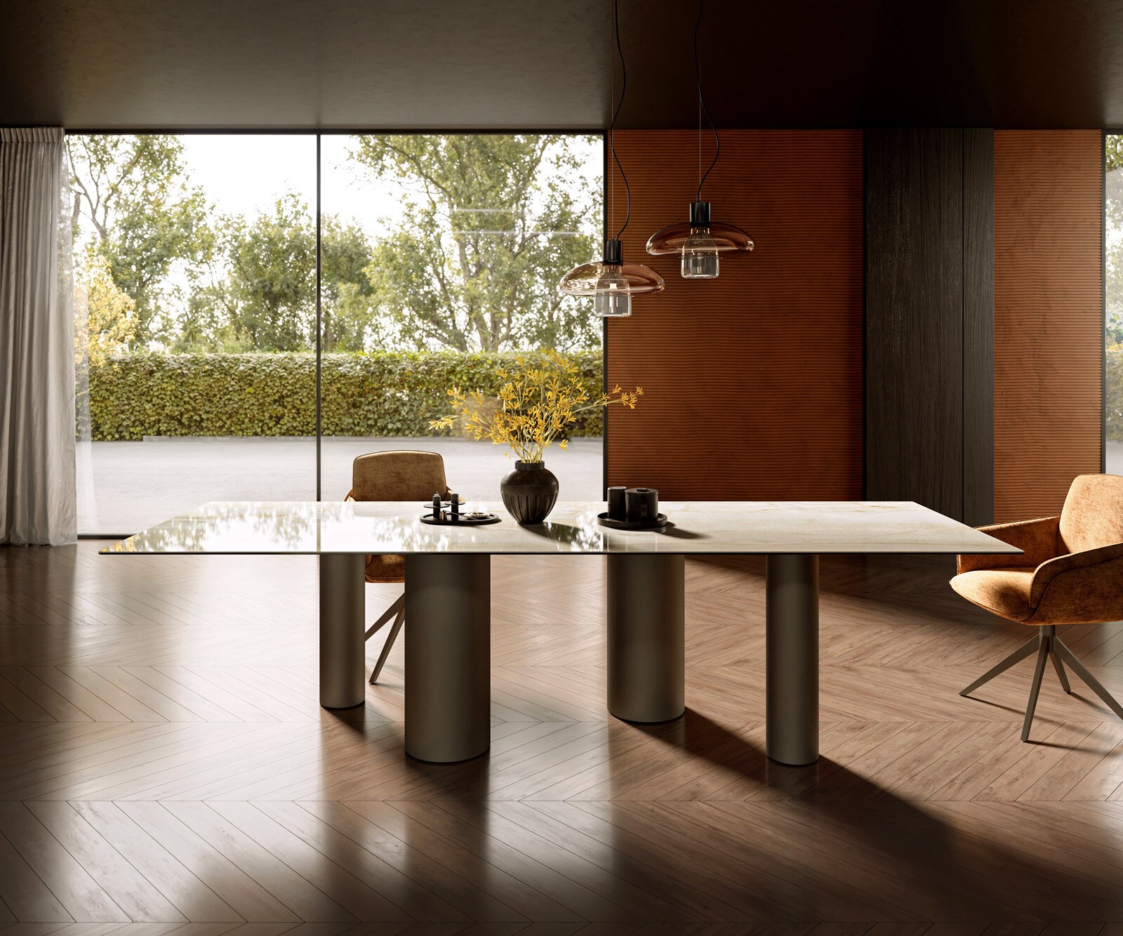Esstisch Edge 300x100 Keramik Laminam® Onice Oro ​Pilier Metall Effektfinish Titan 1