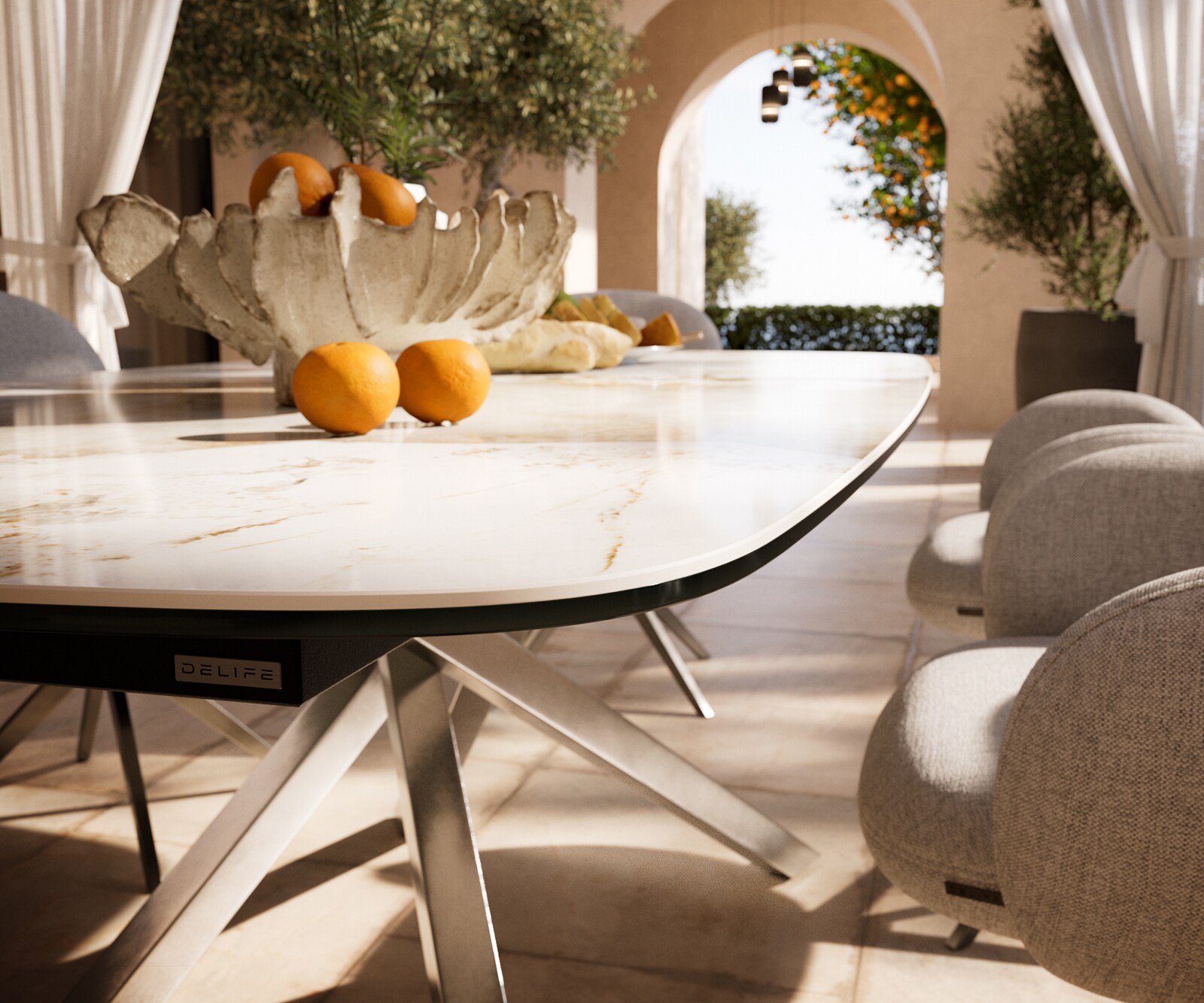 Table d’extérieur Edge Boot 200x100 cm céramique Minas Melange blanc-beige piètement croisé rectangulaire en acier inoxydable 3