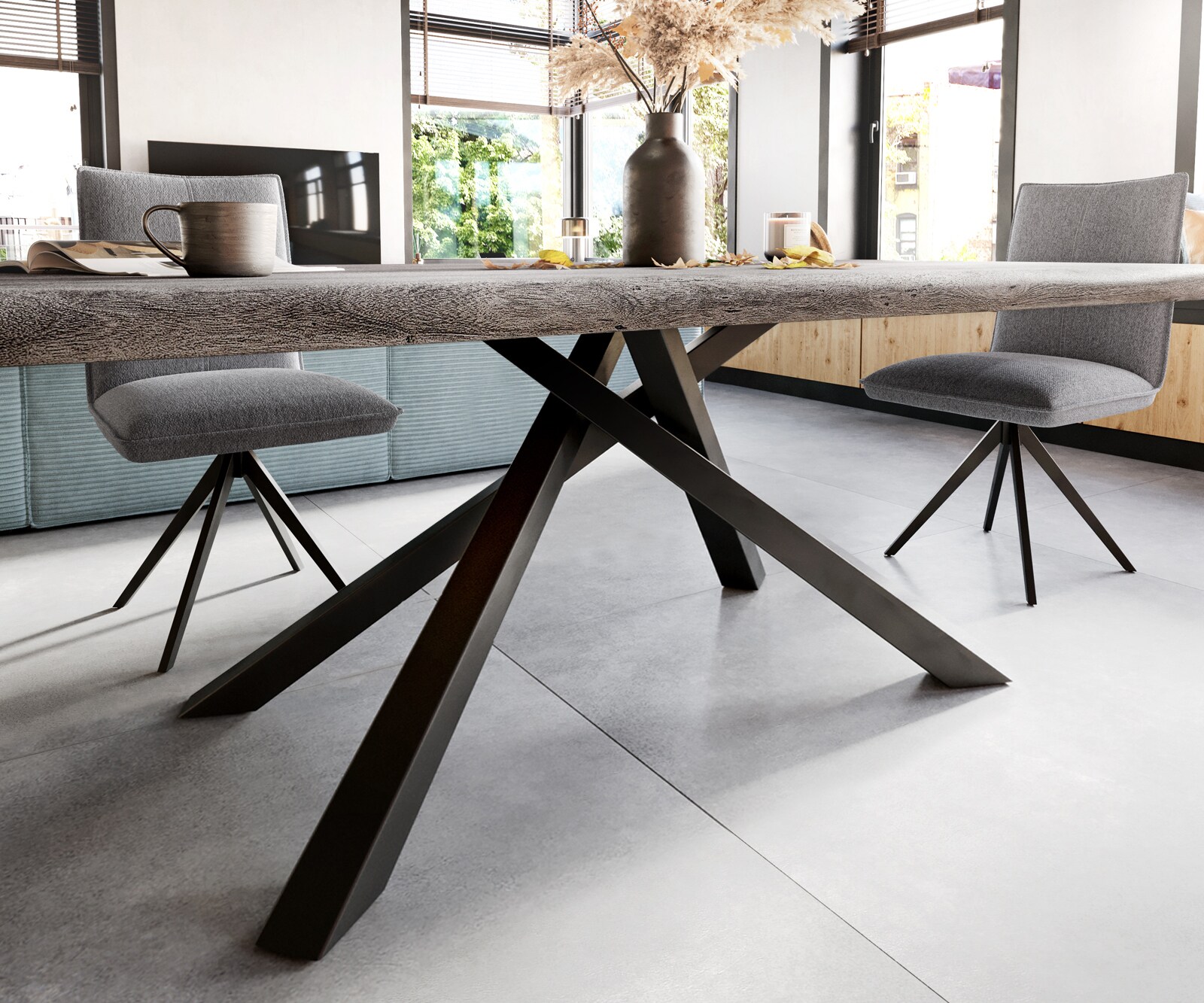 Esstisch Edge 200x100 XL Akazie Platin Kreuzgestell Rechteck Schwarz Live-Edge 5