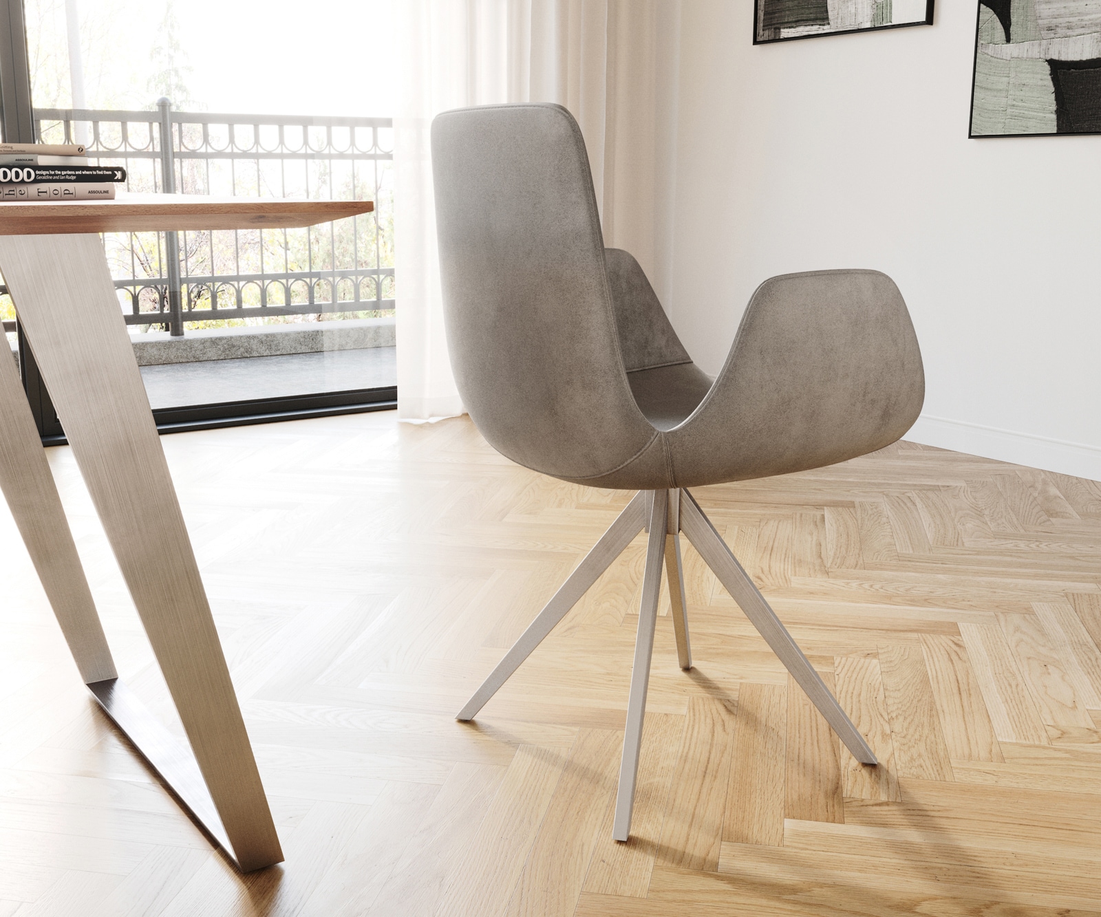 Esszimmerstuhl Ilia-Flex mit Armlehnen Samt Grau Kreuzgestell kantig Edelstahl 4 Esszimmerstuhl Ilia-Flex mit Armlehnen Samt Grau Kreuzgestell kantig Edelstahl 4