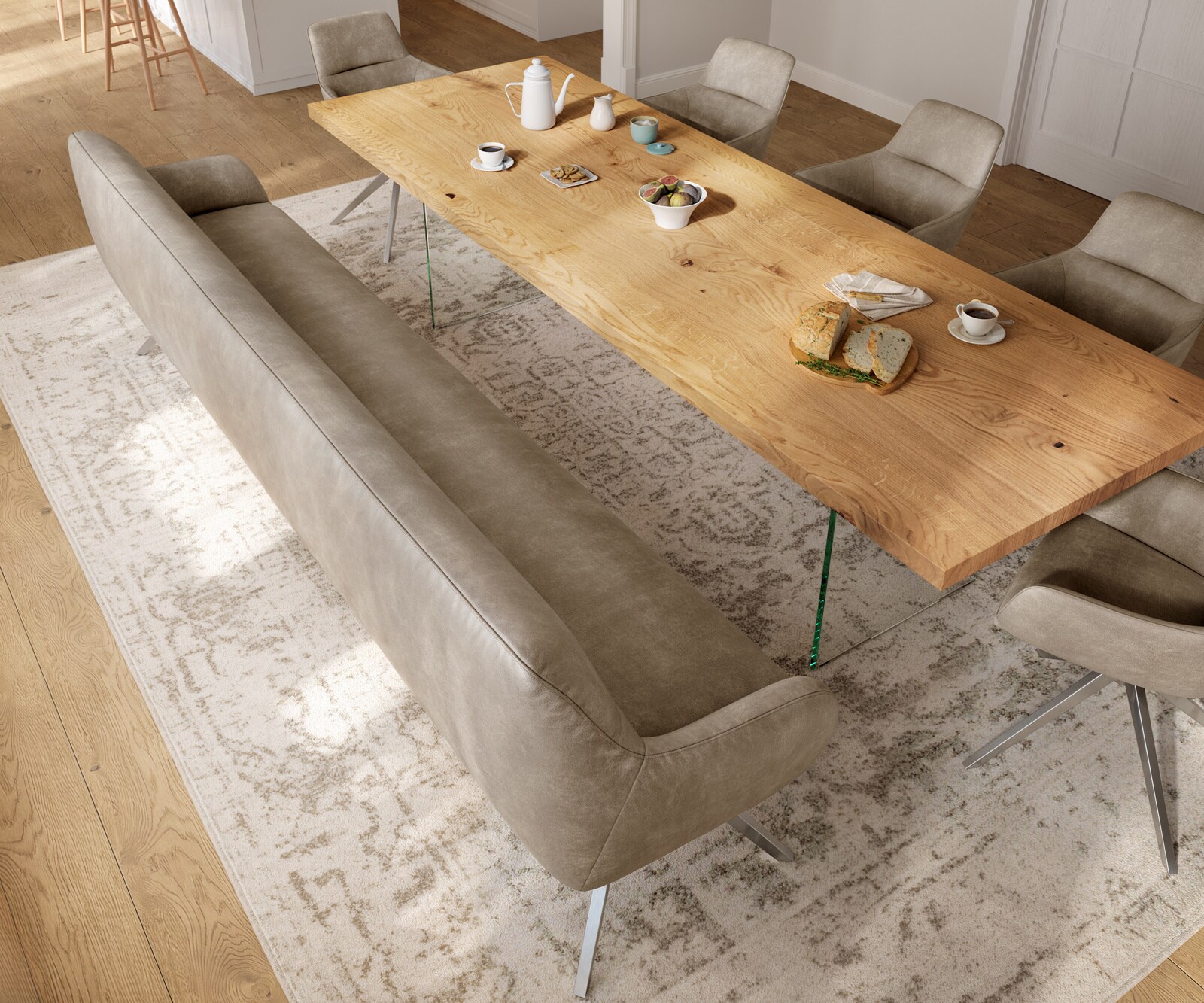 Esszimmerbank Taya-Flex 300 cm Mikrofaser Beige Vintage Kreuzgestell kantig Edelstahl Taschenfederkern 4