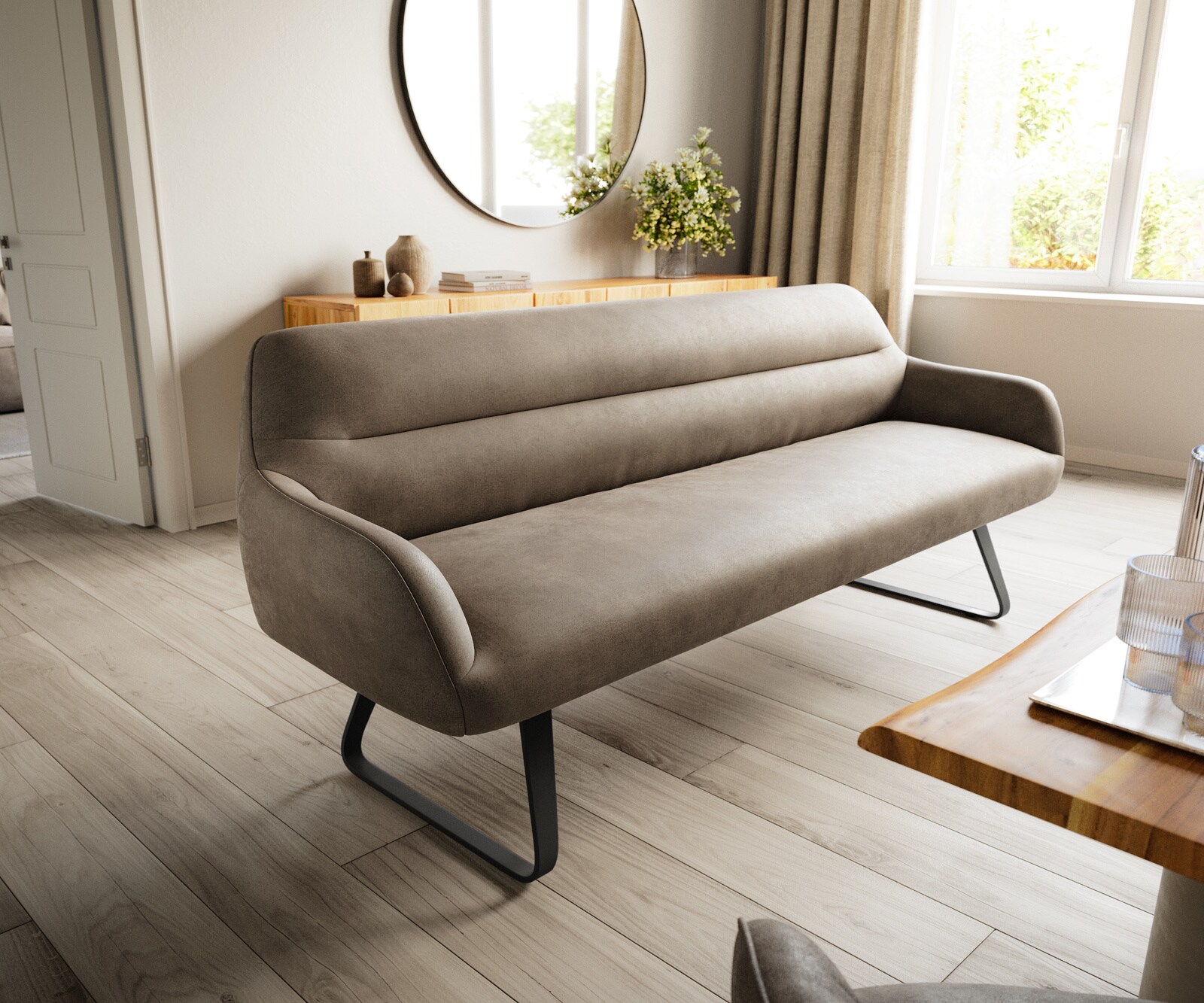 Banc-de-salle-à-manger Taya-Flex 200 cm microfibre taupe vintage châssis à patins plat noir ressort ensaché