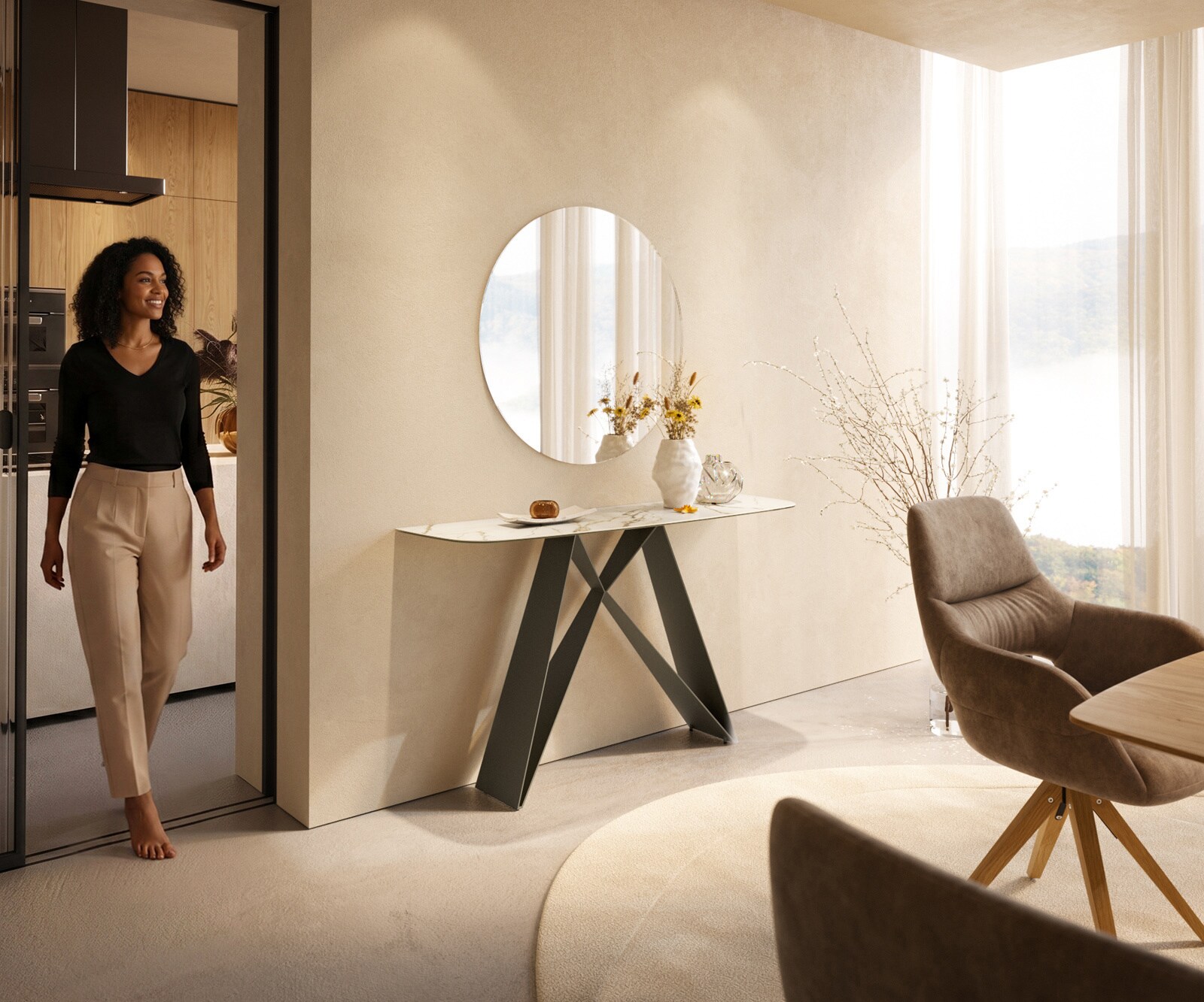 Console Edge forme bateau 140x40 cm Céramique Calacatta Luxe Weiß-Gold-Gris Velio Métal Effektfinish Titan 7