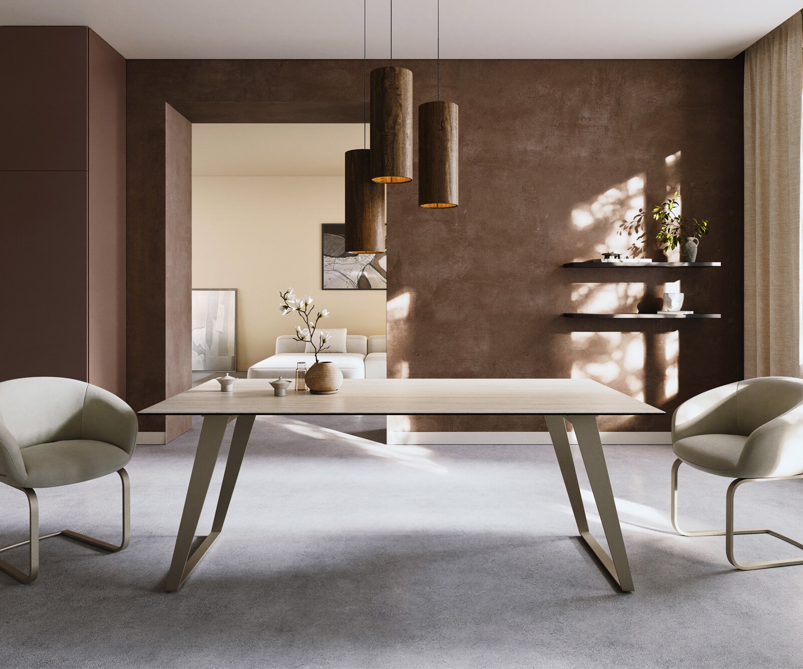 Table à manger Edge 200x100 céramique Laminam® Travertino Bianco crème-blanc métal incliné effet finition titanee 1