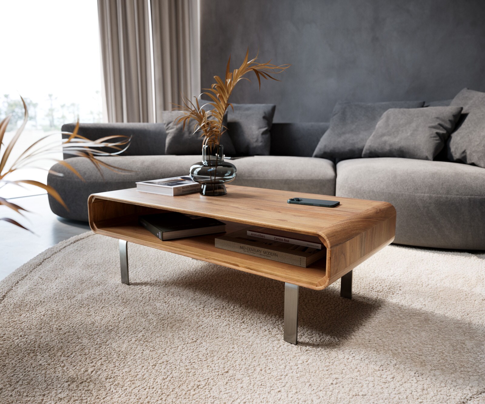 Couchtisch Anaya 100x50 cm Akazie Natur 1 Fach L-Fuß Edelstahl 1