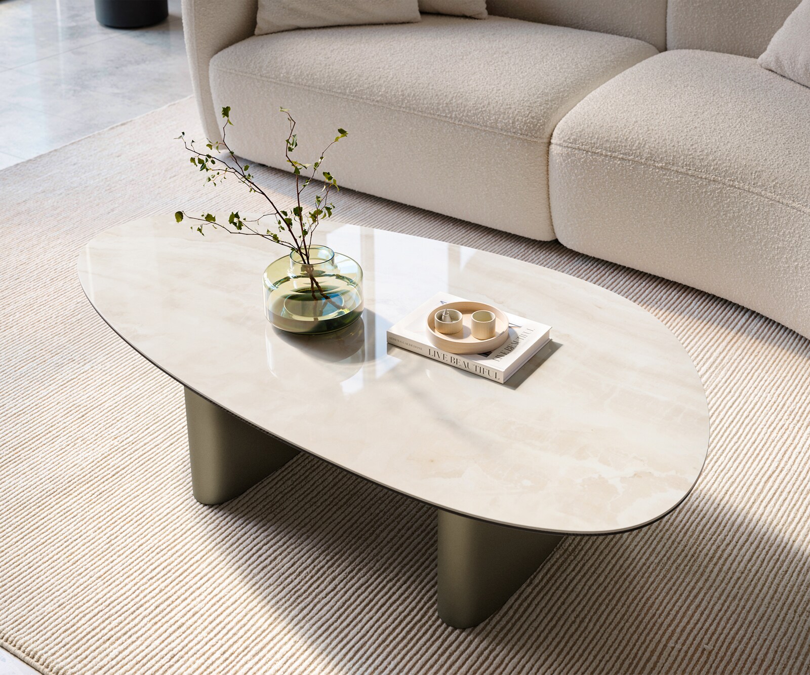 Table basse Edge ovale 140x75 cm céramique Onyx Champagne Ovada finition effet titane 1