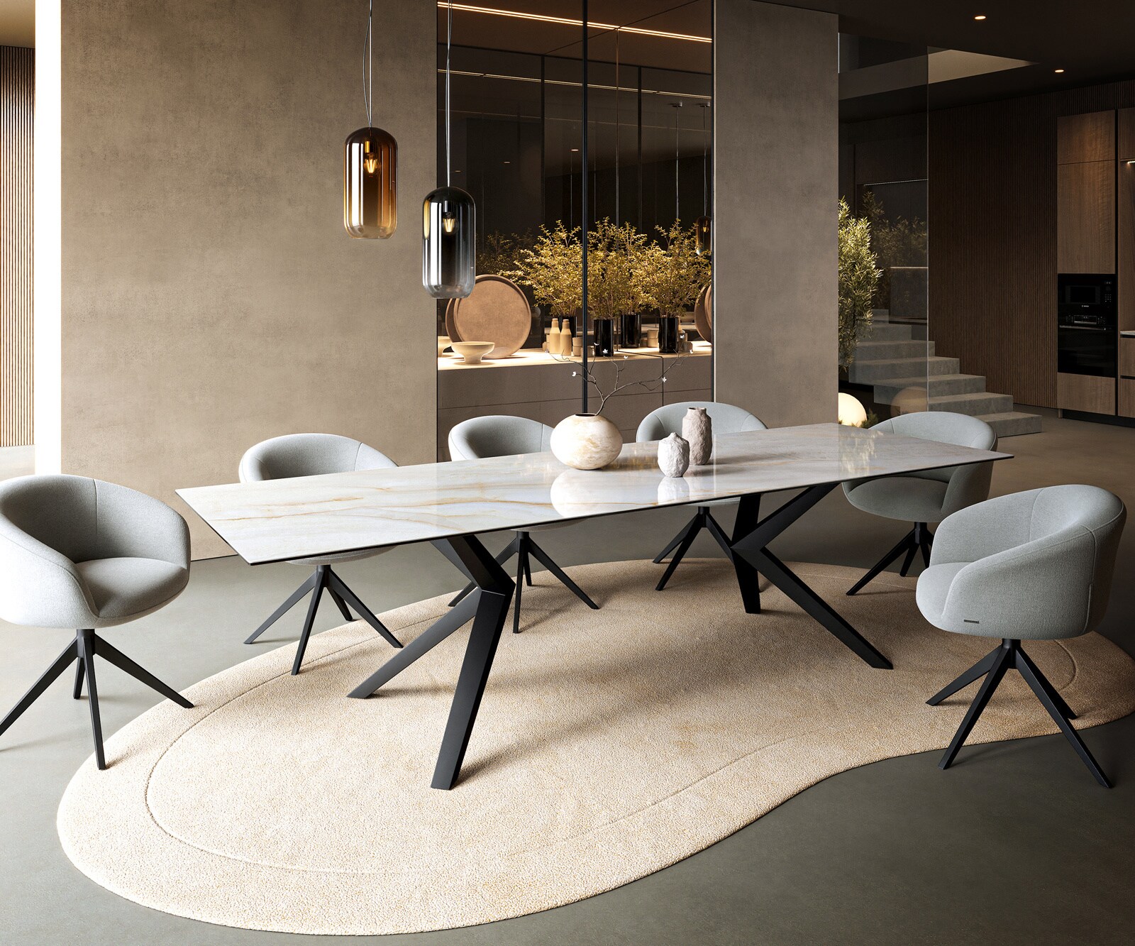 Table à manger Edge 300x100 cm céramique Onyx Pearl Zenthara angulaire métal noir 6