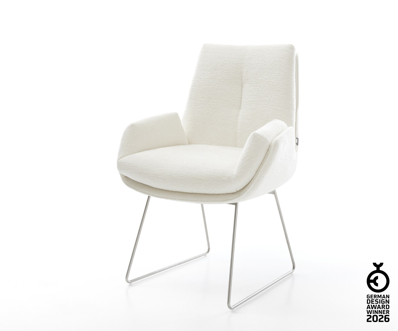 Chaise-de-salle-à-manger Clea-Flex bouclé doux beige pied trapèze acier inoxydable