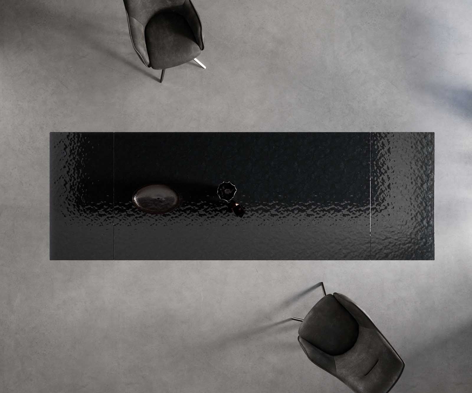 Esstisch Edge 200-300x100 Reliefglas Rauchschwarz 3D-Design V-Gestell Flachstahl Schwarz ausziehbar 8
